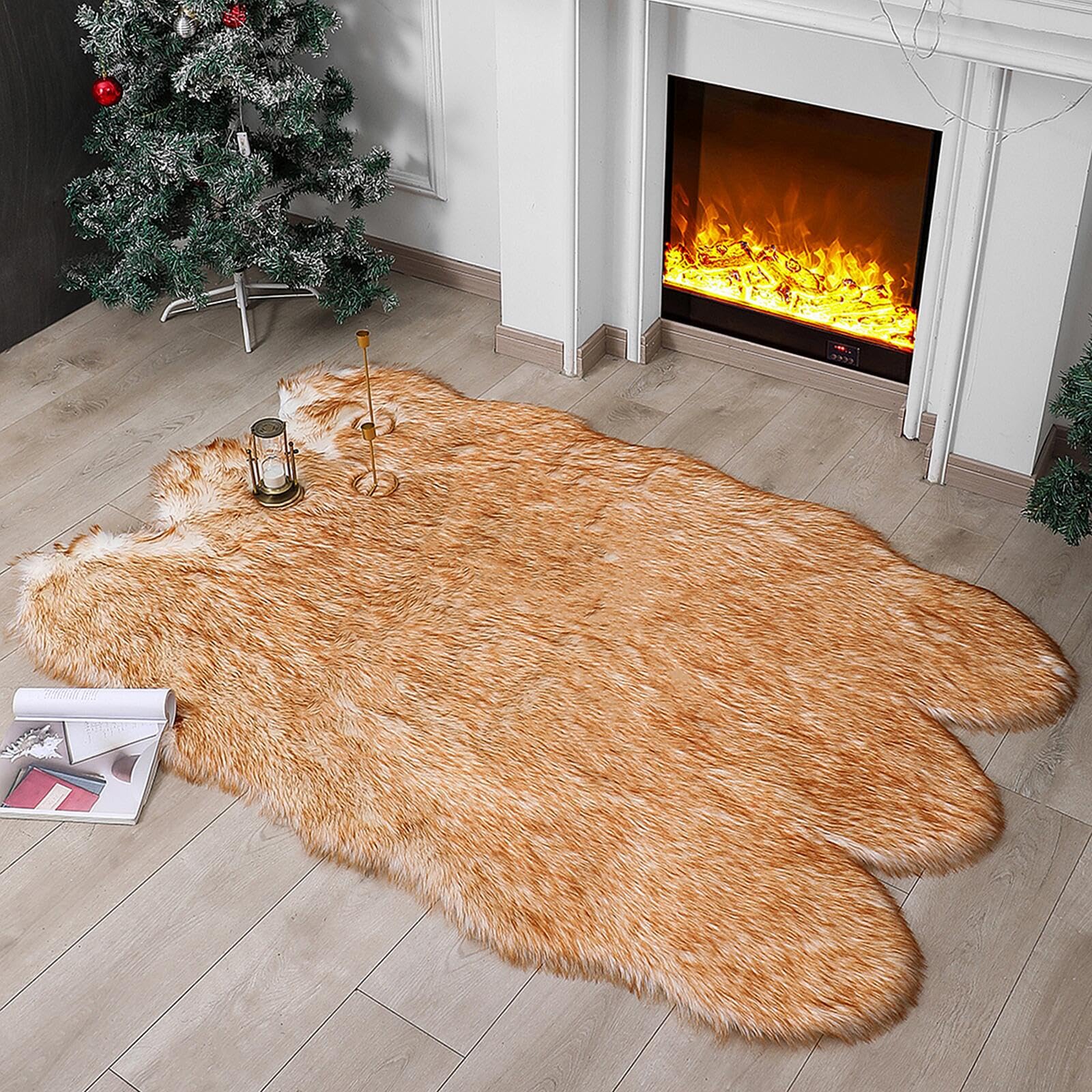 linmopm Faux Fur Rug Sheepskin Shag Fluffy Fuzzy 4x6 ft Rugs for Bedroom Bedside Bed Floor Living Room Plush High-Density Cushio