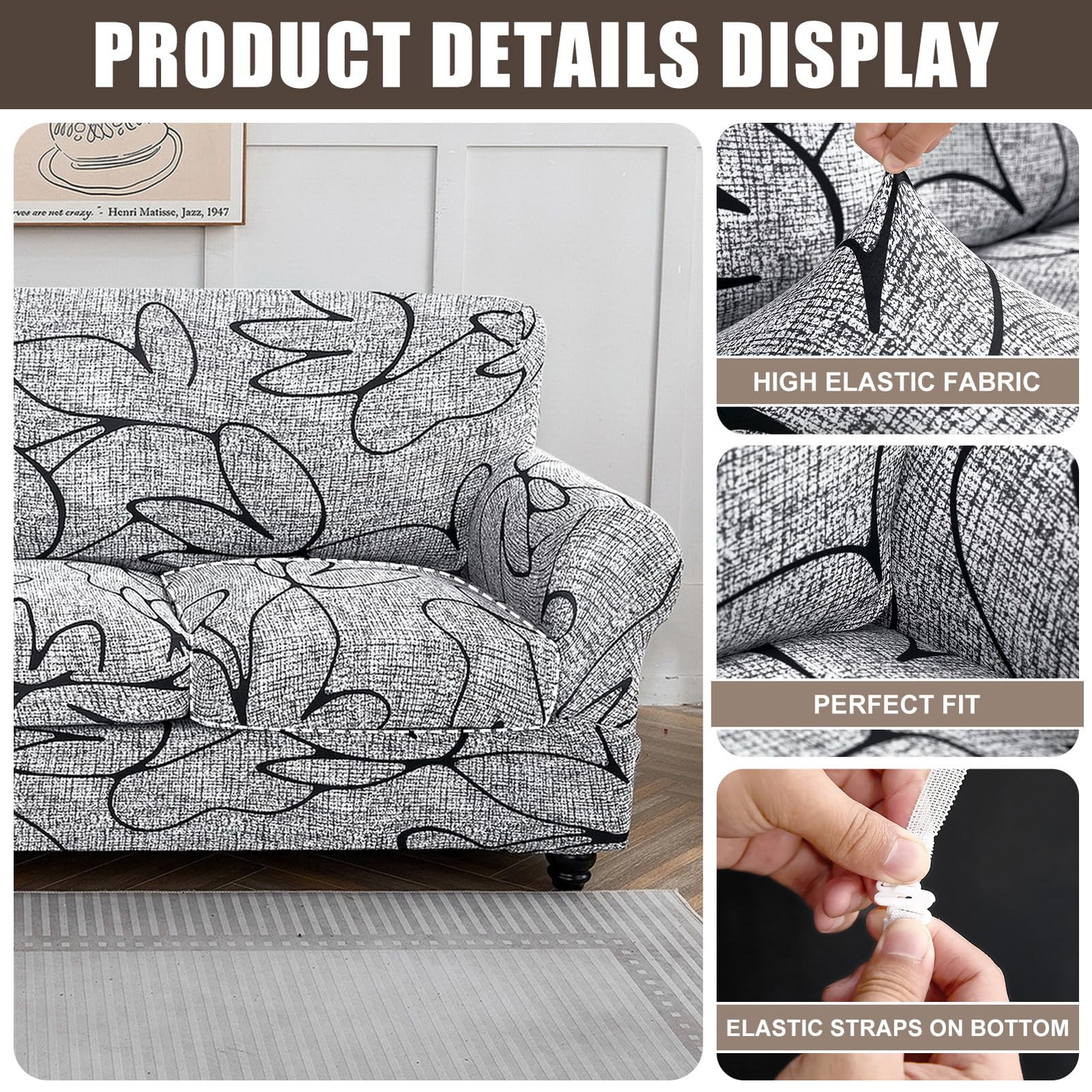 Searchi Stretch Sofa Cover Printed Couch Cover, Floral Pattern 3 Pieces Loveseat Slipcover With 2 Separate Cushion Cover, Washable Furniture Protector For Living Room(Loveseat, Grey Lotus+White)
