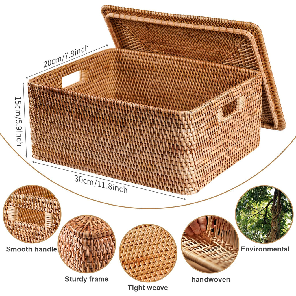 Fiyammy Rattan Basket With Lid, Large Lidded Basket For Storage Rattan Box(15.3' L  11.4'W  9.5'H)