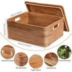 Fiyammy Rattan Basket With Lid, Large Lidded Basket For Storage Rattan Box(15.3' L  11.4'W  9.5'H)