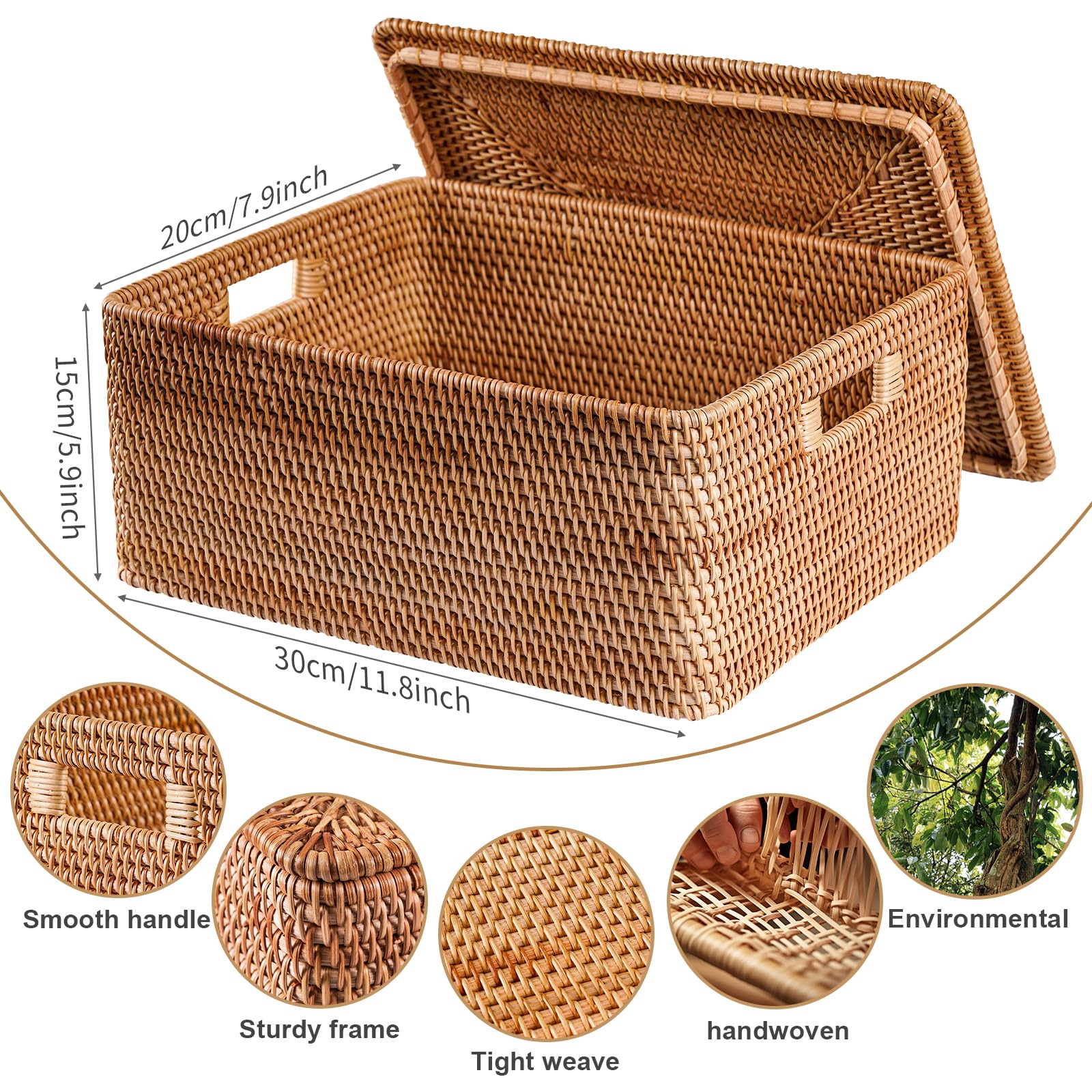 Fiyammy Rattan Basket With Lid, Large Lidded Basket For Storage Rattan Box(15.3' L  11.4'W  9.5'H)