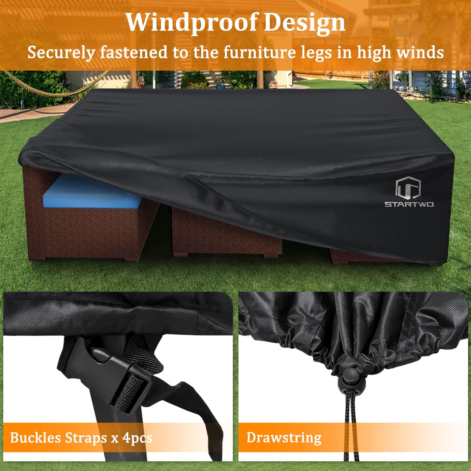 Startwo 2 Years Lifespan Patio Furniture Covers Waterproof, Anti-Uv Tear-Resistant 500D Heavy Duty 7-12 Seats Outdoor Furniture Cover For Sectional Sofa, Patio Table Cover, 110'X84'X28', Black