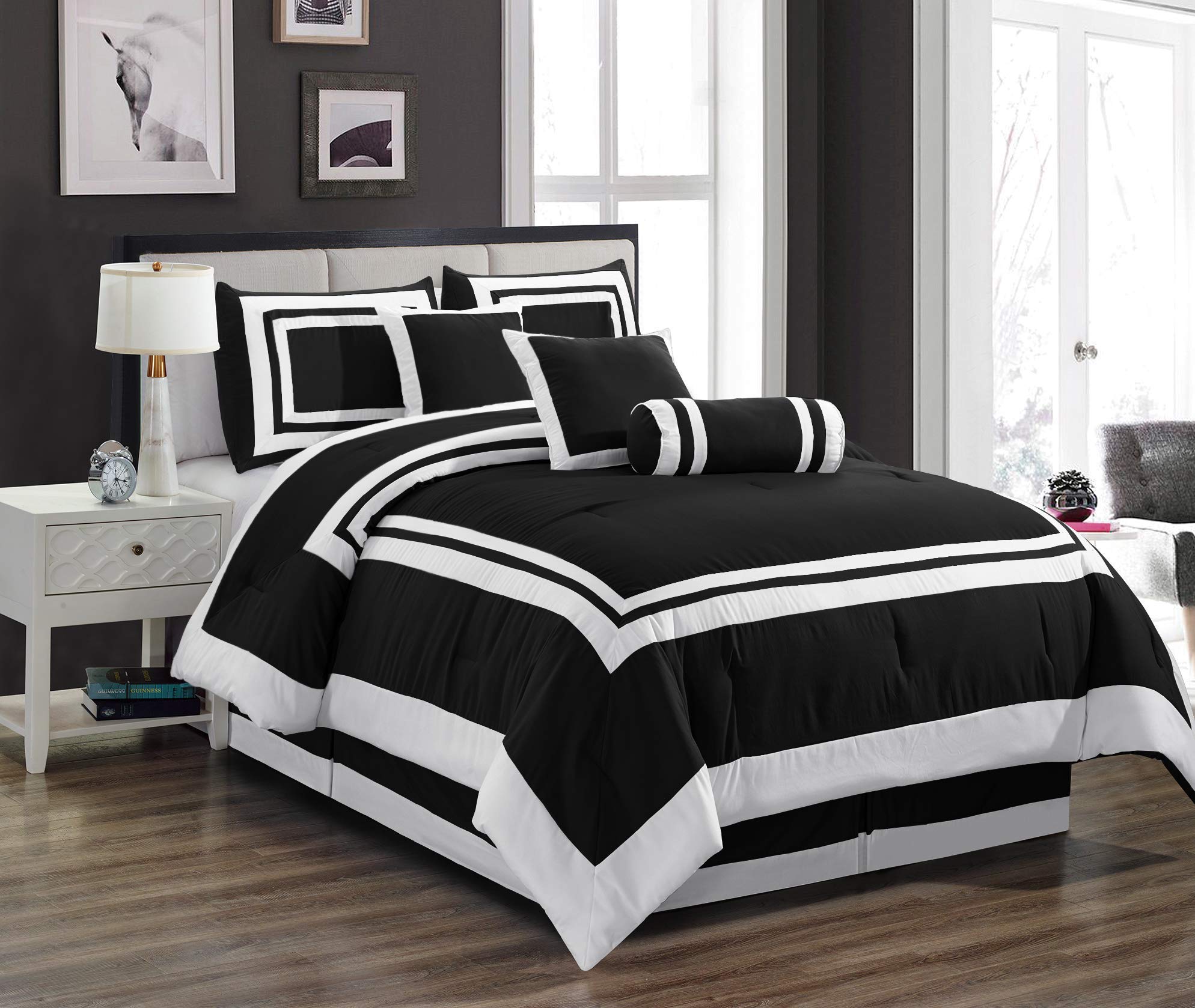 Chezmoi Collection 7-Piece Caprice Black/White Square Pattern Hotel Bedding Comforter Set, Full