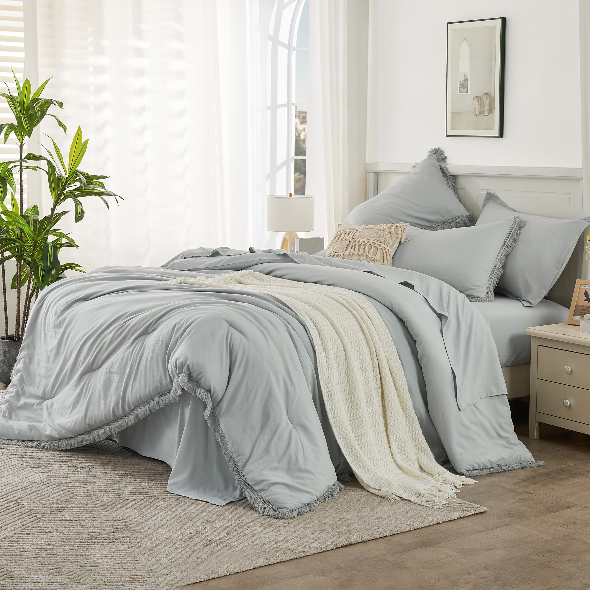 Andency Light Grey Queen Size Comforter Set With Sheets - 7 Pieces Boho Tassel Bed In A Bag Soft Lightweight Bedding Sets, Light Grey Fringe Bed Set With Comforter, Sheets, Pillowcases & Shams