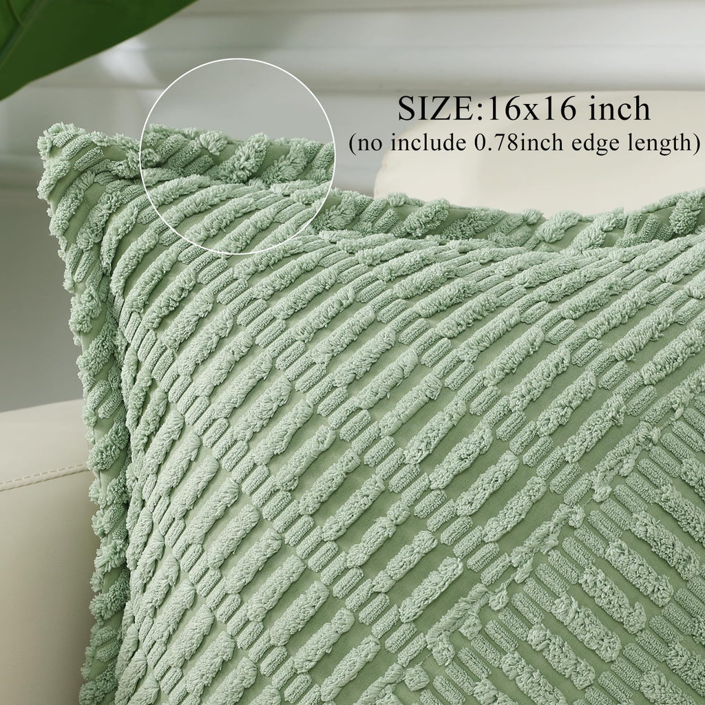 Decoruhome Decorative Spring Sage Green Throw Pillow Covers 16X16 Set Of 2 With Splicing, Boho Soft Corduroy Broadside Twill Pil