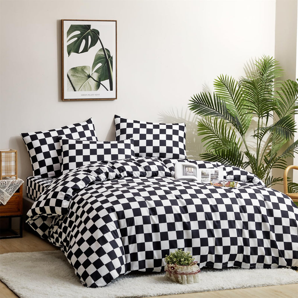 Clothknow Black White Plaid Full Comforter Set 3Pcs Grid Bedding Comforter Sets Black White Comforter Full Soft Black Checkered Full Size Comforter Sets