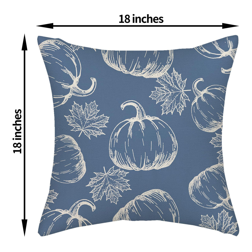 Fall Pillow Covers 18X18 Navy Blue Cream Pumpkin Decor Throw Pillows Case For Couch Maple Leaves Autumn Harvest Thanksgiving Far