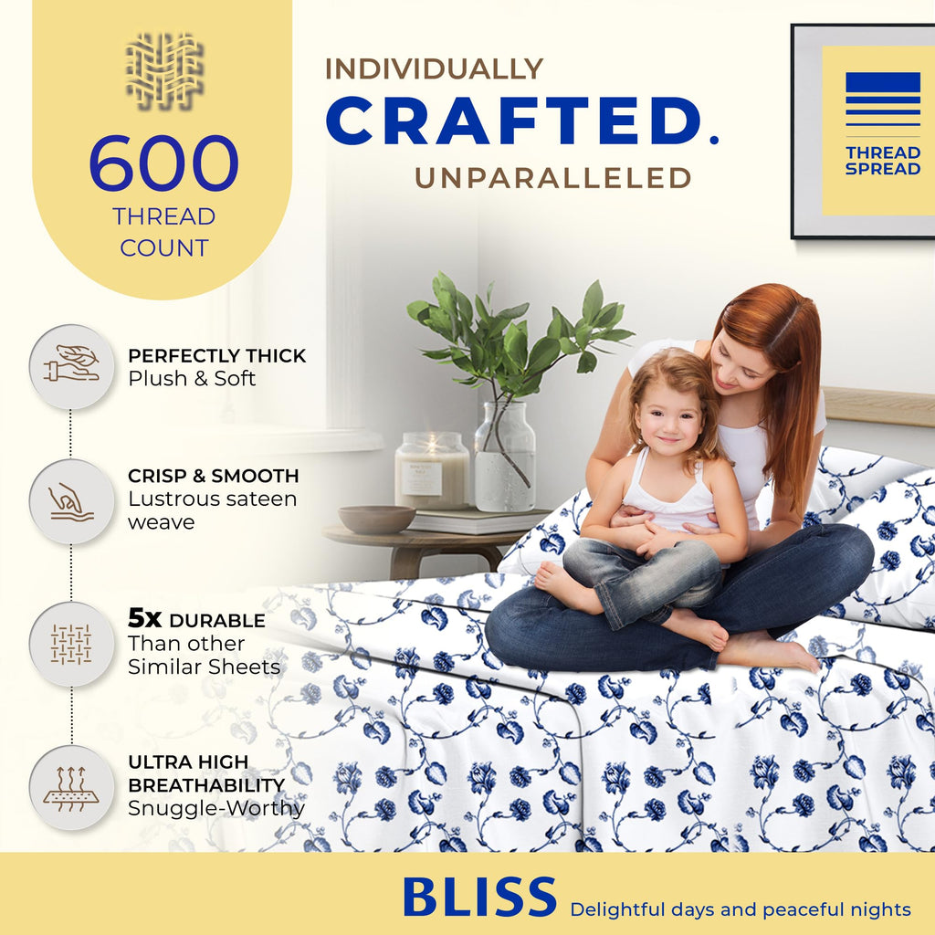 Thread Spread 100% Egyptian Cotton Printed Bed Sheets - 600 Thread Count 4 Pc Queen Sheet Set, Hotel Luxury Sateen Bedsheets, 16' Deep Pocket Soft Cooling Sheets For Queen Size Bed - Floral Blue