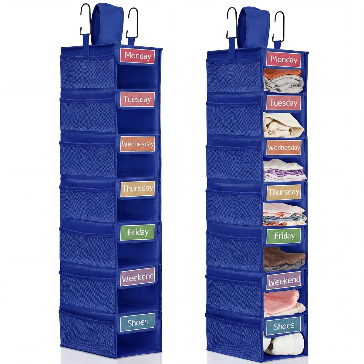 Yeyeplum 2Pcs Weekly Clothes Organizer 7shelf Hanging Kid Closet, Dark Blue