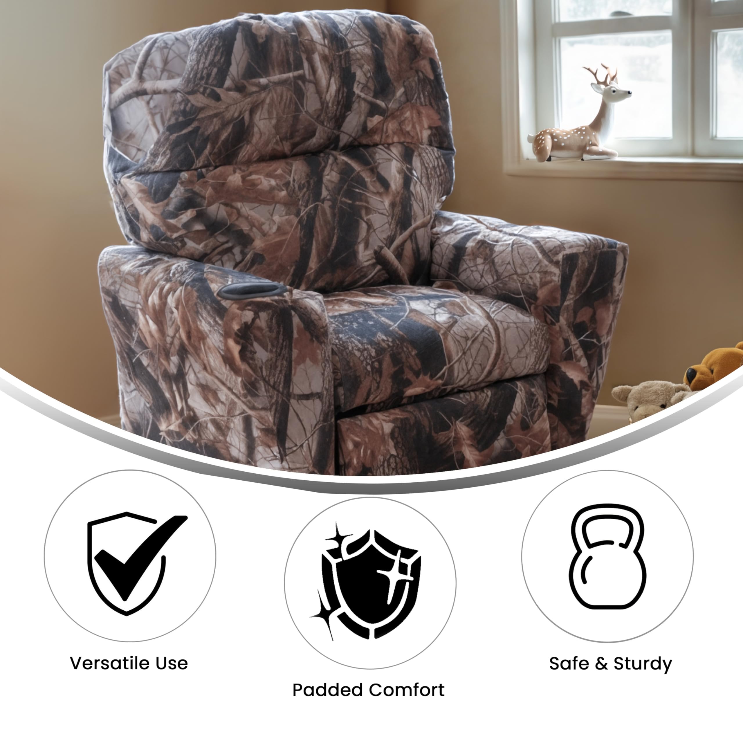 Flash Furniture Chandler Vinyl Kids Recliner With Cup Holder And Safety Recline, Contemporary Reclining Chair For Kids, Supports Up To 90 Lbs., Camouflage