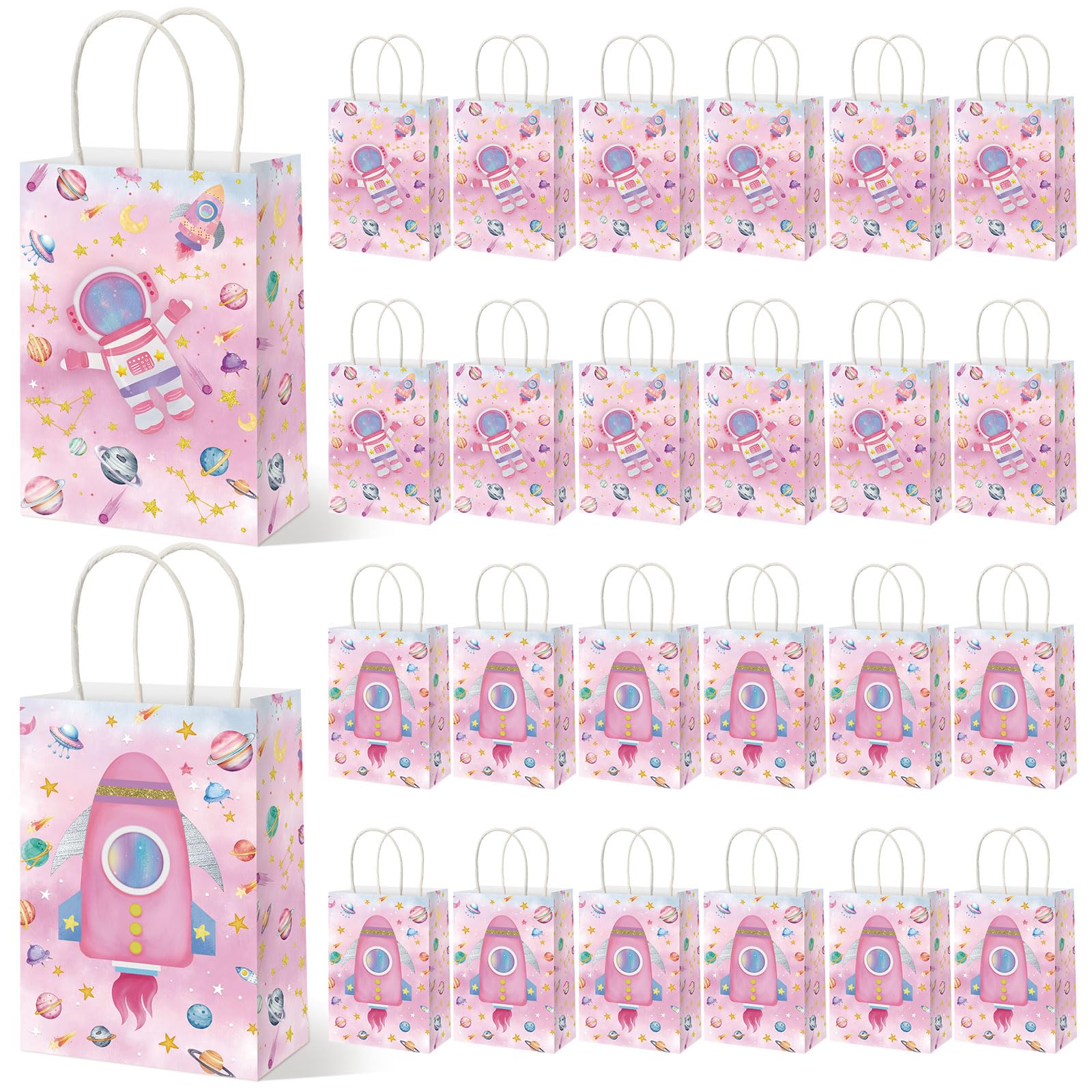 Geyoga 24 Pcs Pink Outer Space Party Favor Bags Space Goodie Gift Bags with Handles Galaxy Rocket Treat Party Supplies Two The M