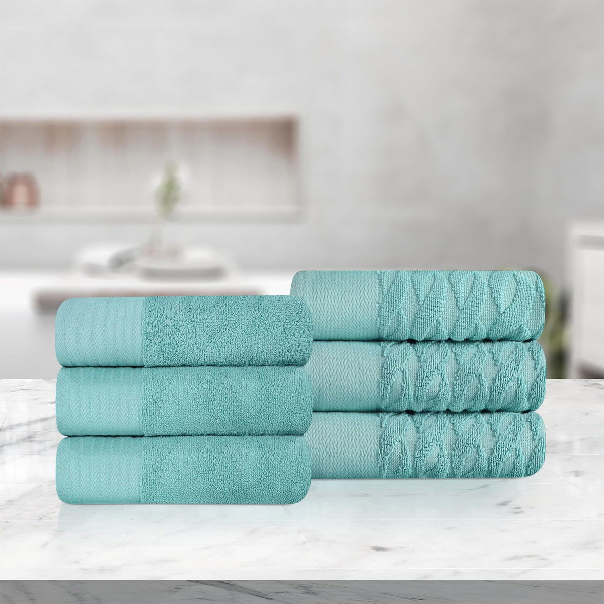SUPERIOR Turkish Cotton Jacquard Solid 6Piece Hand Towel Set, Small Towels for Quick Dry, Bathroom, Kitchen, Guest Bath, Dorm,