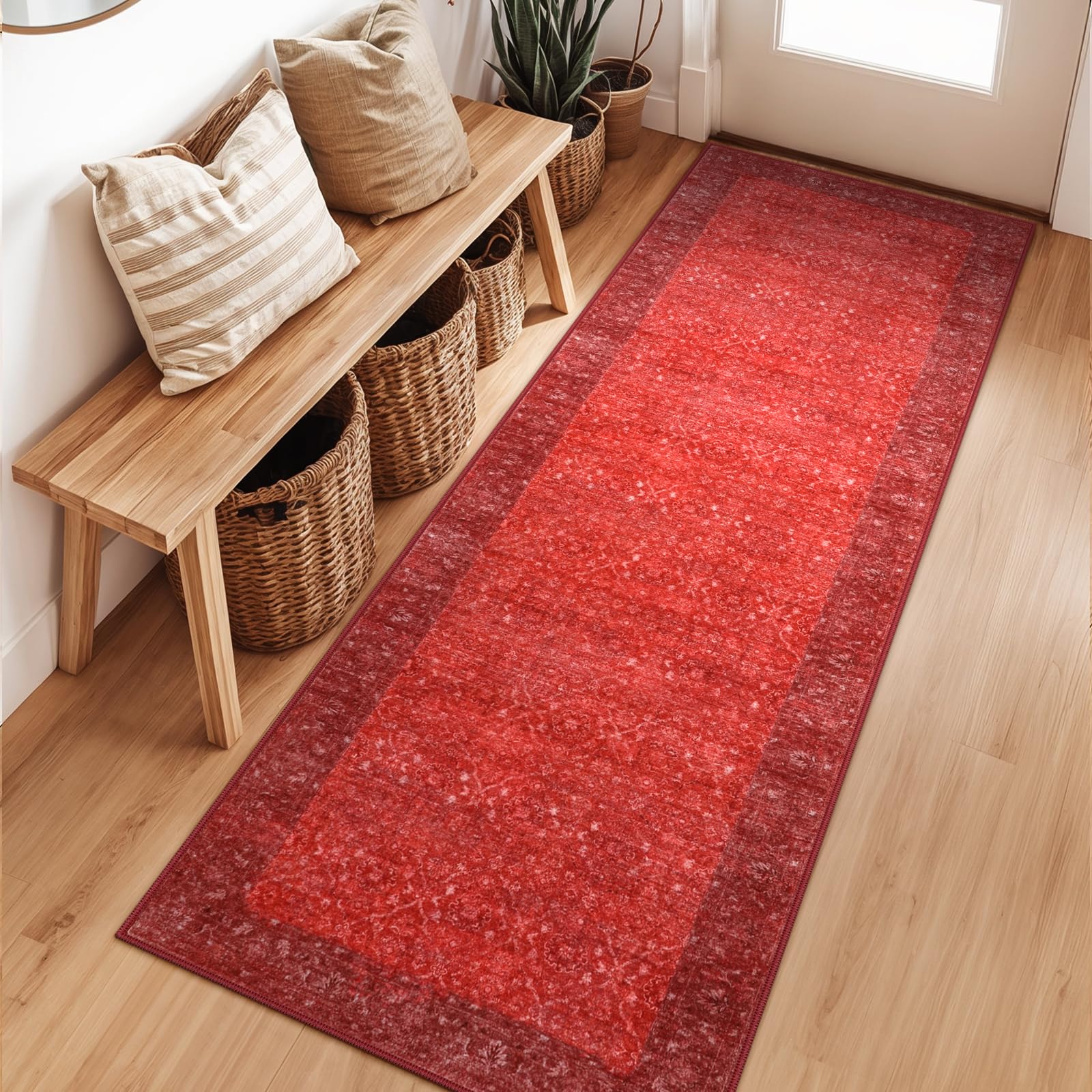 Hedlive Vintage Rug Runners for Hallways Non Slip, 2x6 Washable Runner Rug for Bedroom Entryway, Ultra-Thin Red Hallway Runner R