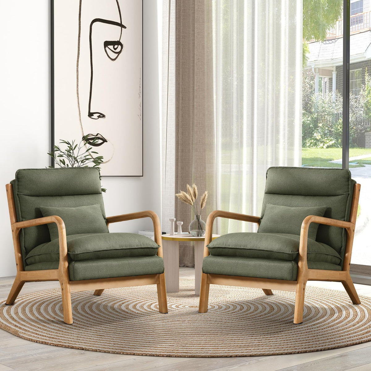 Iomor Mid Century Modern Accent Chair Set Of 2, Upholstered Lounge Armchair With Plump Back Pillow, Comfy Reading Chair With Sol