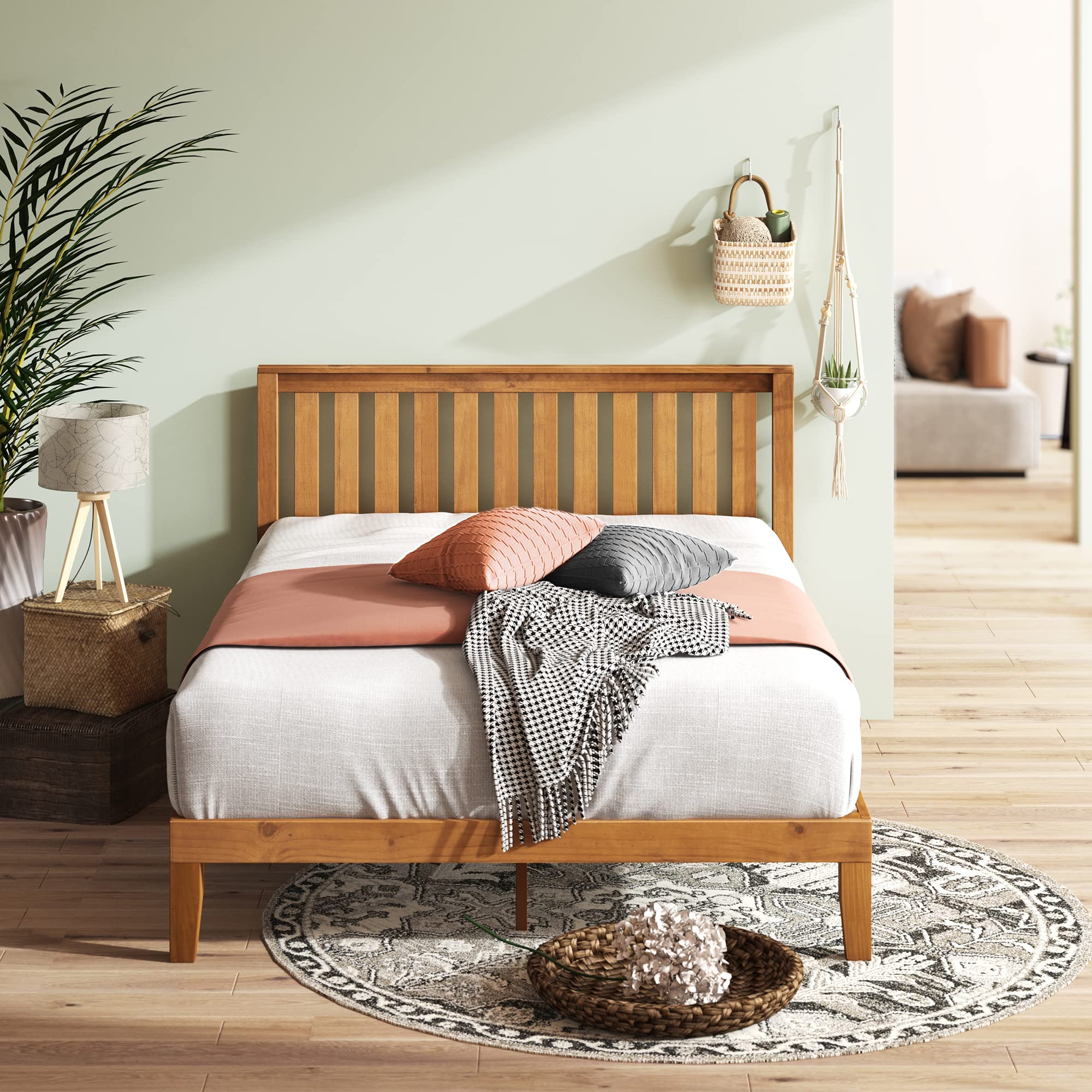Zinus Alexia Wood Platform Bed Frame with Headboard, Rustic Pine, Queen