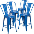 4 Pk. 24 High Blue Metal Indoor-Outdoor Counter Height Stool with Back