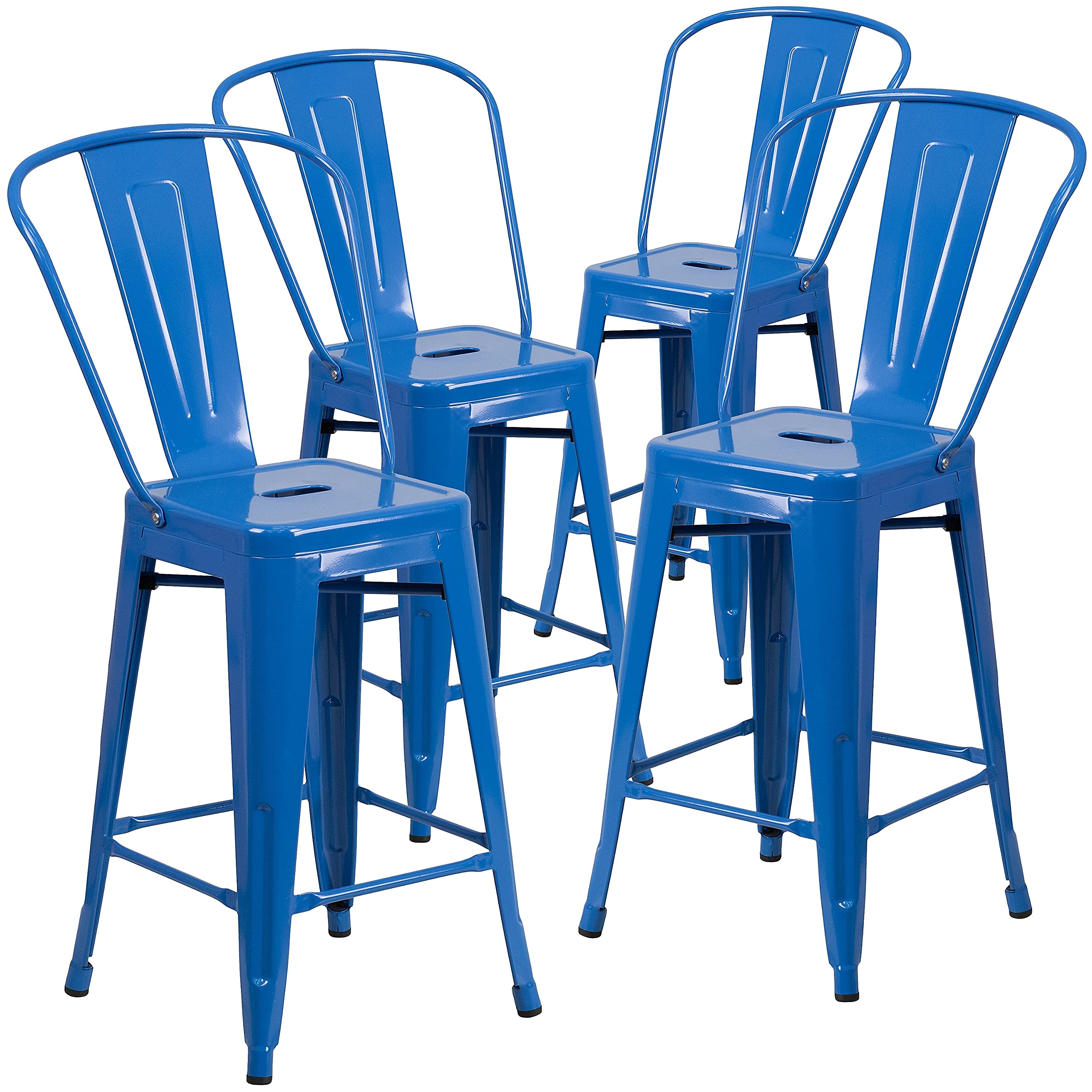 4 Pk. 24 High Blue Metal Indoor-Outdoor Counter Height Stool with Back