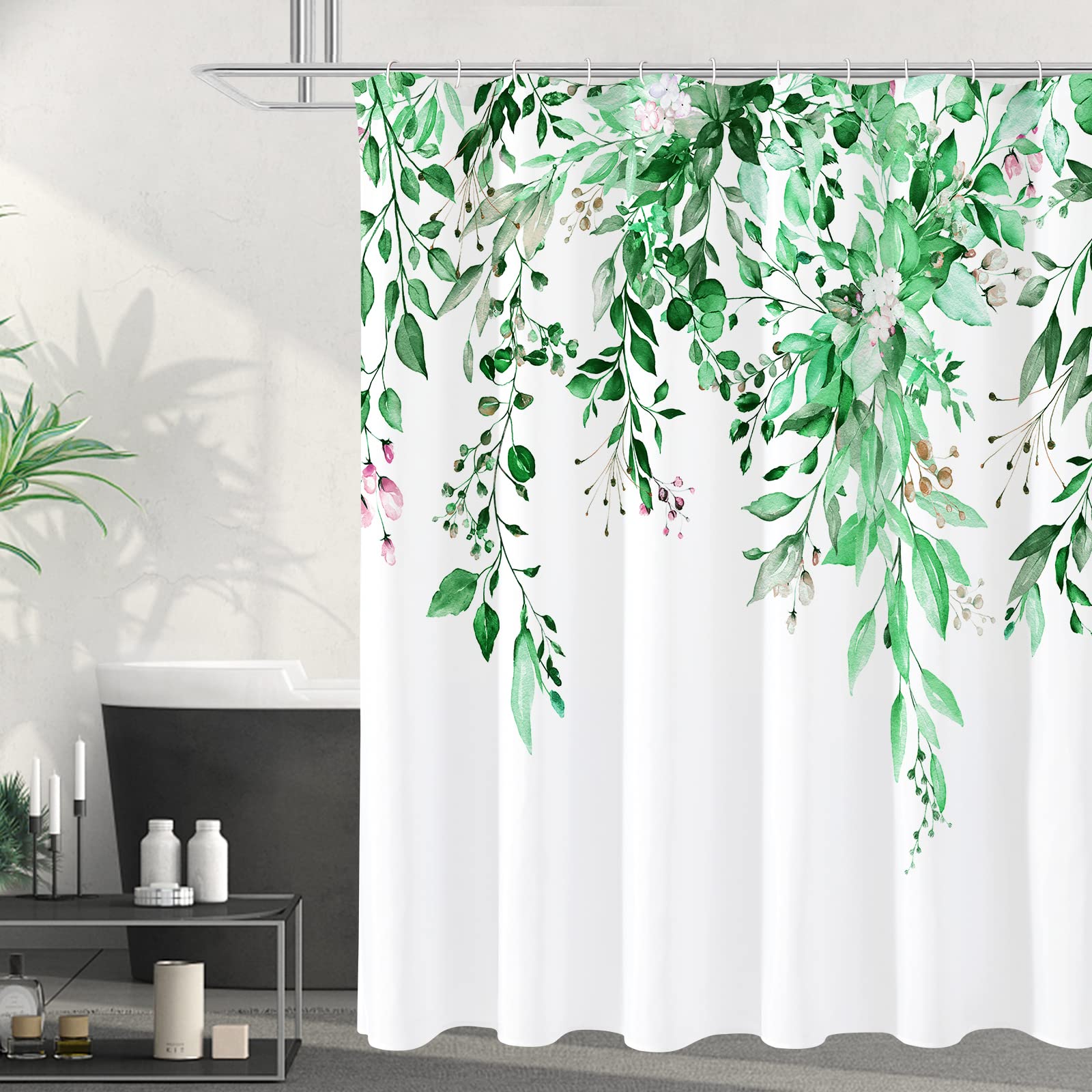 Gibelle Extra Long Shower Curtain 72 x 84, Emerald Green Floral Shower Curtain for Bathroom, Watercolor Plant Eucalyptus Leaves 