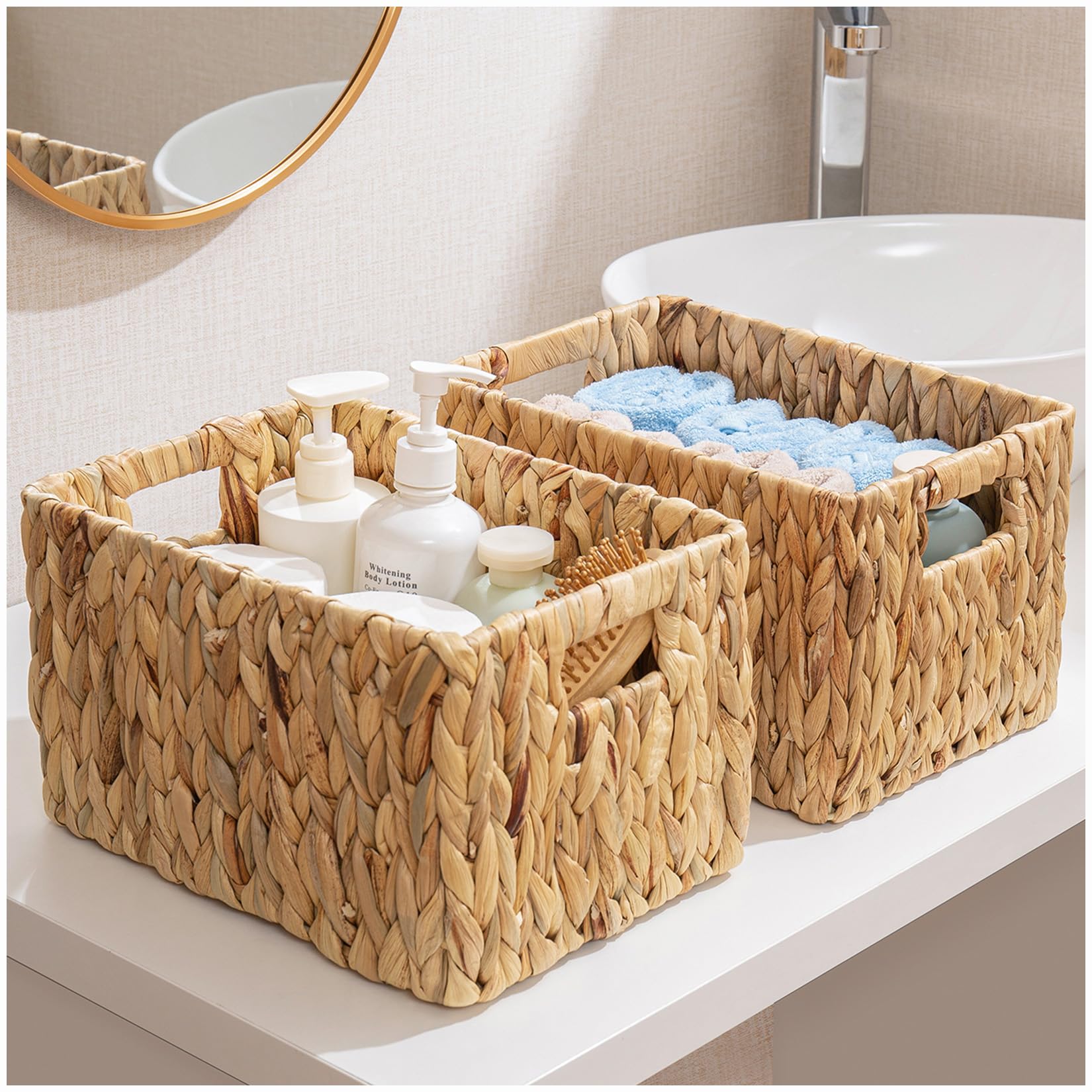 ELONG HOME Water Hyacinth Wicker Baskets, Rectangular 12 Wicker Basket 2 Pack, Wicker Basket for Shelves, Woven Storage Baskets 