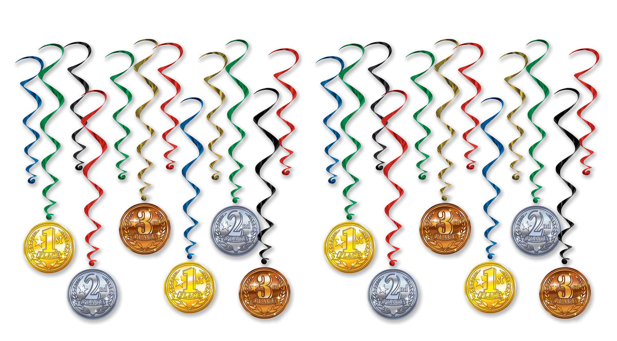 Beistle Award Medal Whirls 24 Piece Sports Party Supplies Hanging Spiral Decorations, 17.5' - 32', Multicolored