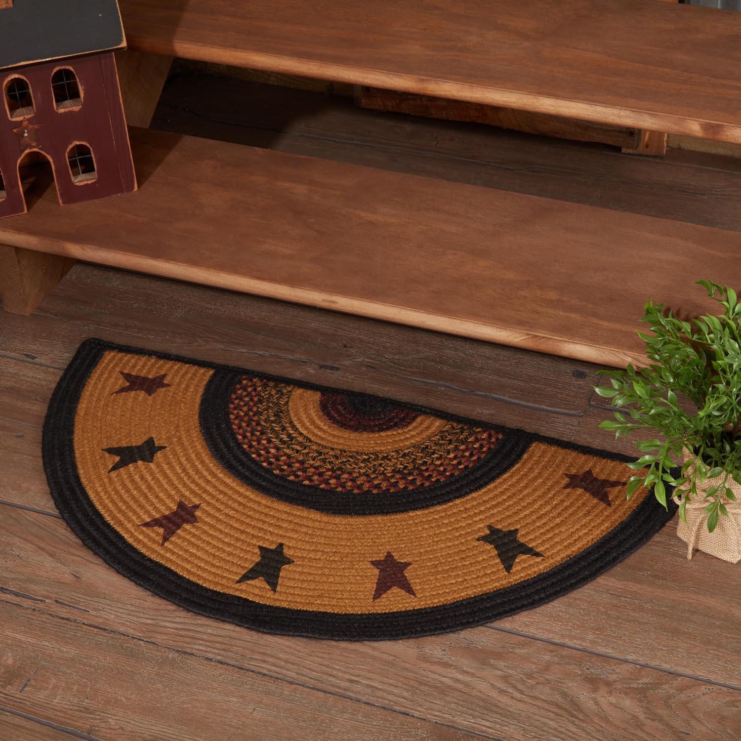 VHC Brands Heritage Farms Primitive Star Jute Yellow Accent Rug Half Circle w/ Pad 16.5x33