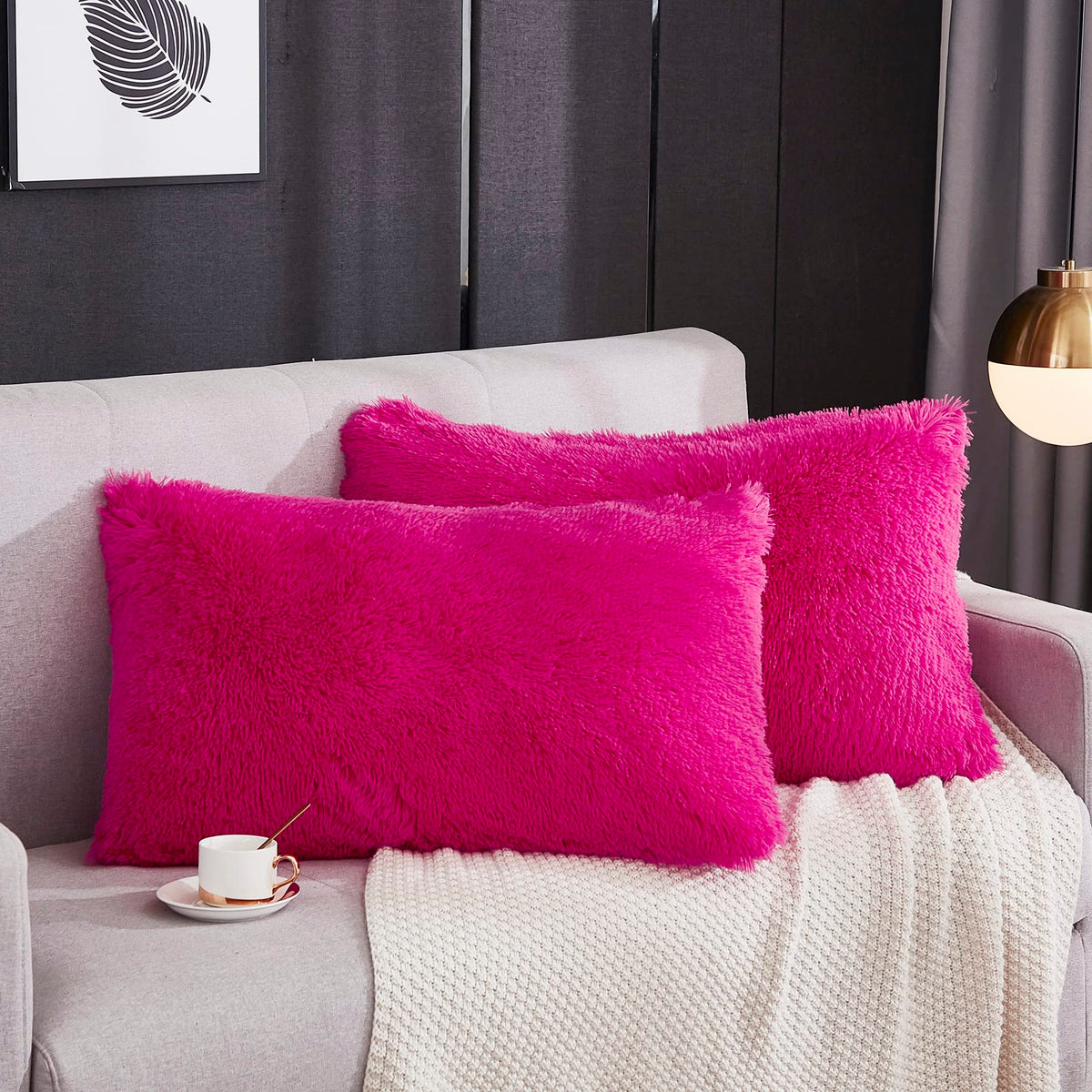 Werdim Shaggy Faux Fur Pillowcases 2 Pack Button Closure Velvet Pillow Shams King Size (Hot Pink, 20 X 36 Inches)