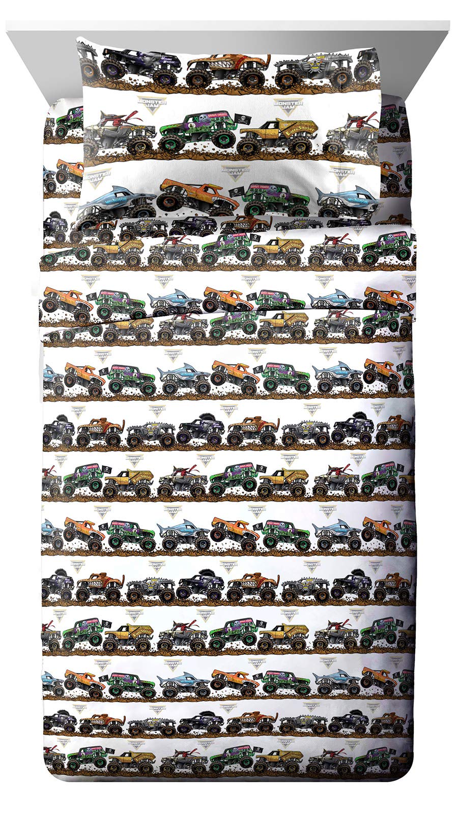 Jay Franco Monster Jam Tracks Twin Sheet Set - 3 Piece Set Super Soft And Cozy Kids Bedding Features Grave Digger & Megalodon -