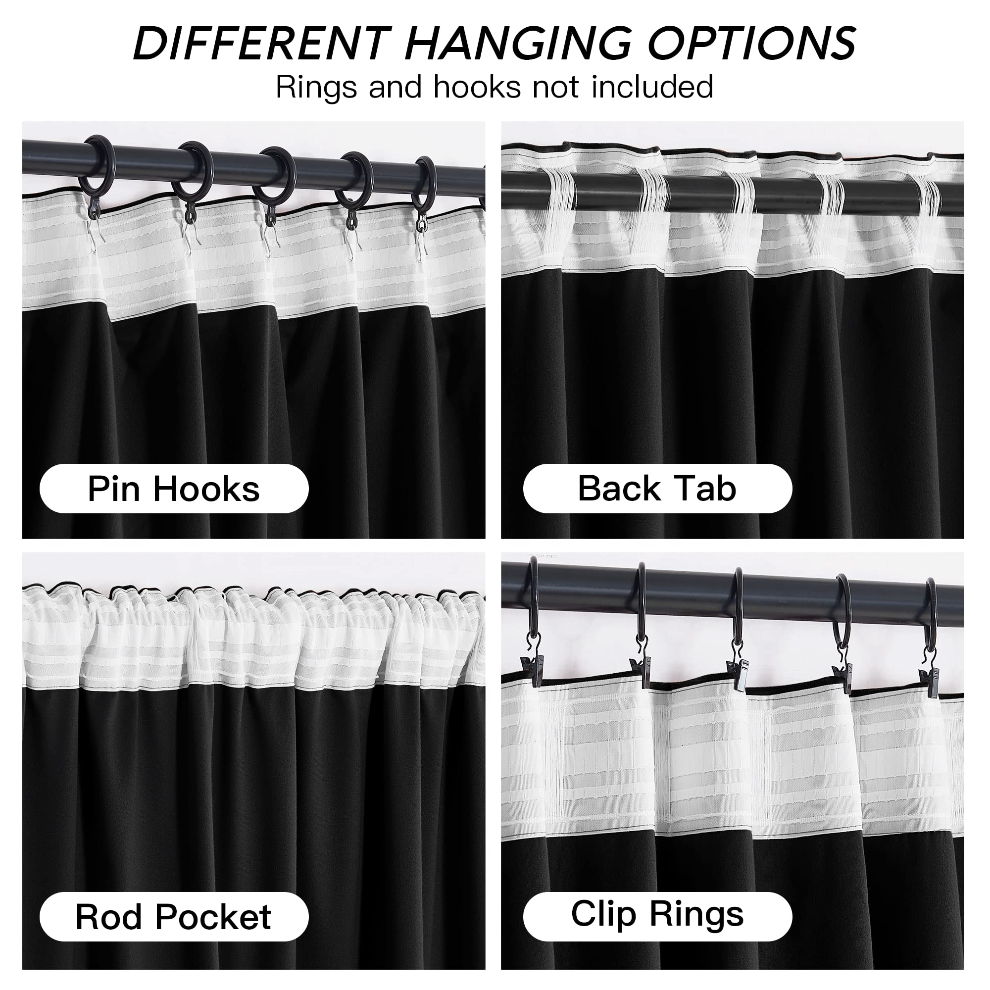 Ryb Home Black Velvet Curtains 108 Inch, Blackout Window Curtains With Pleat Tape On Top For Bedroom Thermal Insulated Privacy Ceiling Drapes For Living Room, W52 X L108 Inch, 2 Panels