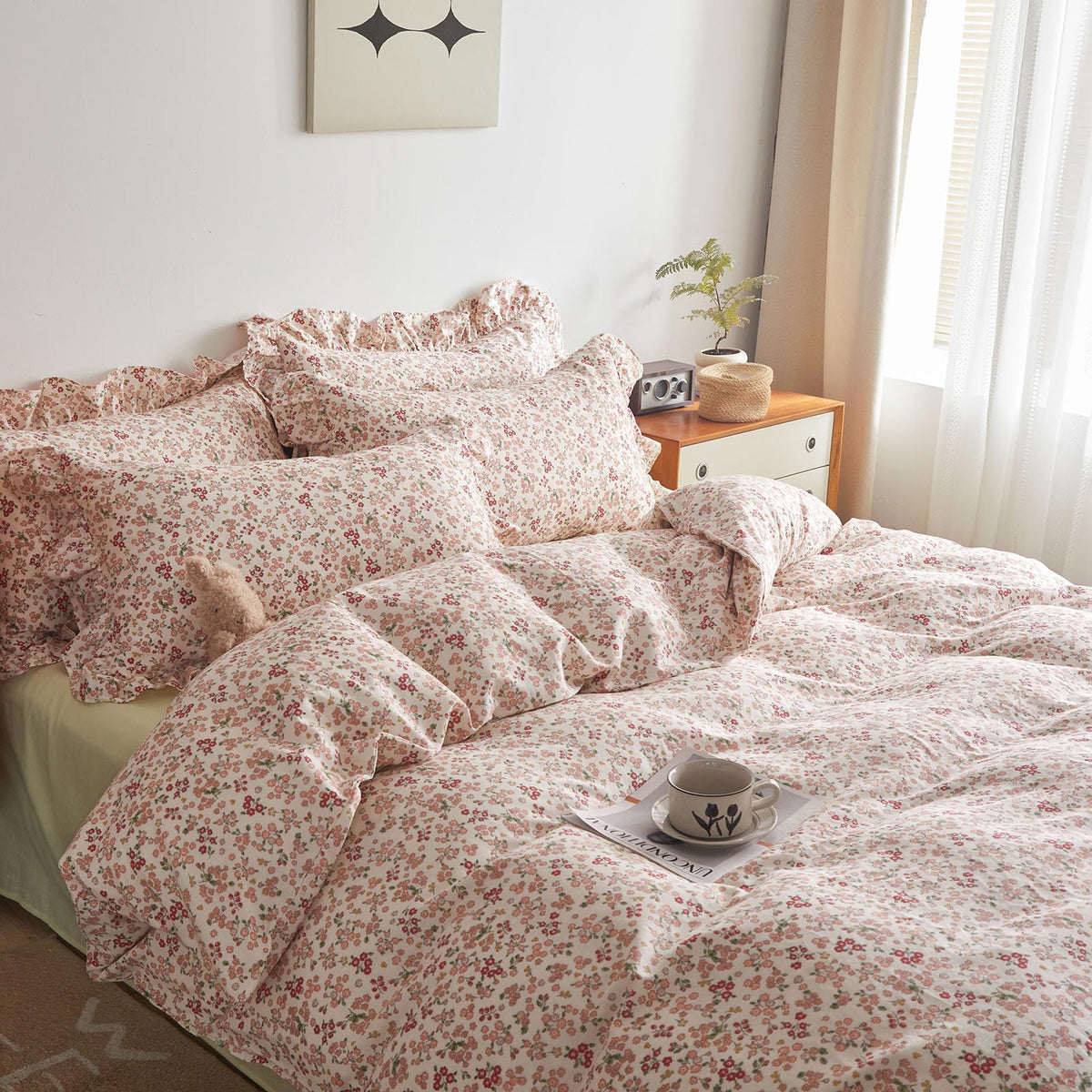 Girls Floral Duvet Cover Queen Pink Red Flower Ruffle Duvet Cover Soft Cotton Vintage Garden Style Lace Floral Bedding Set Queen