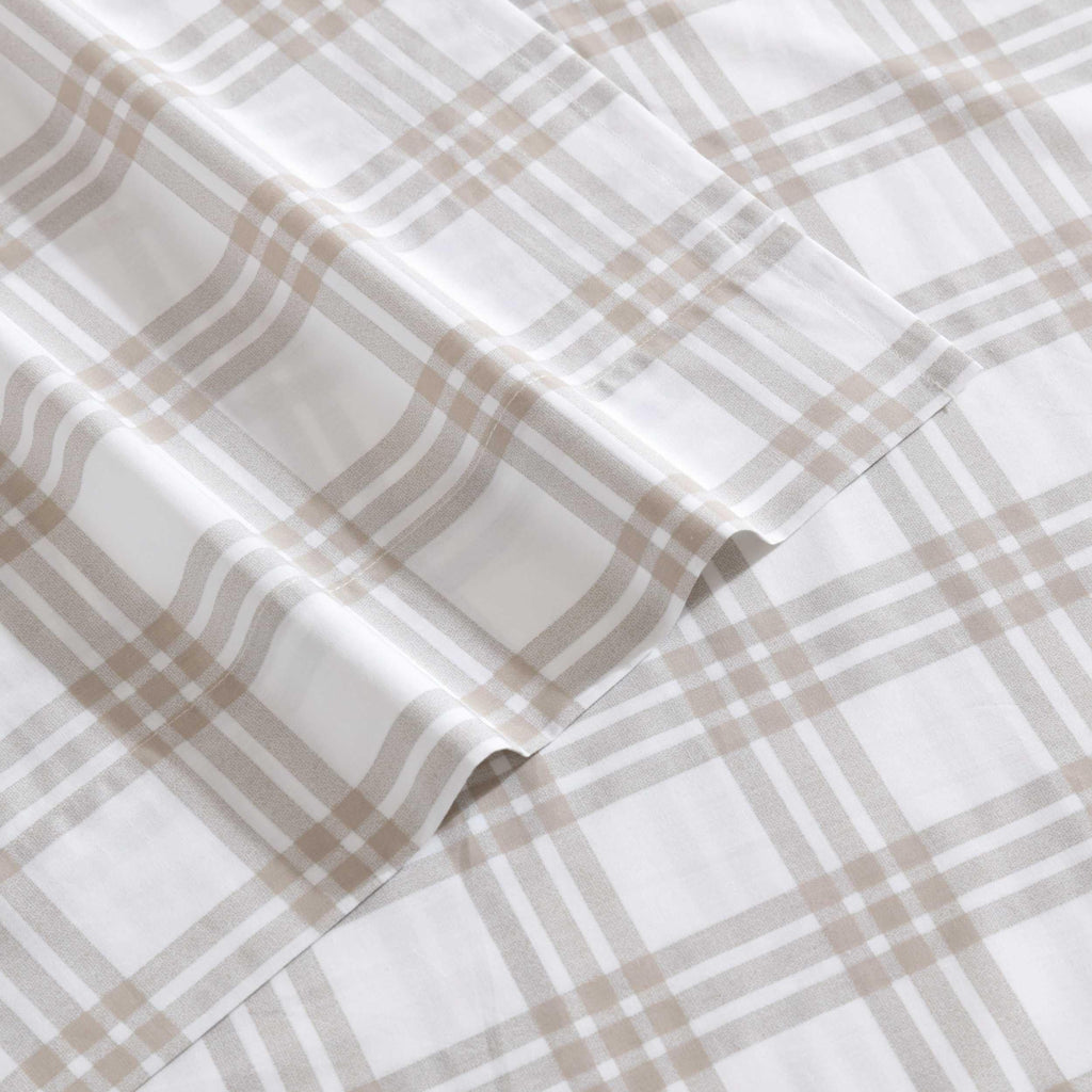 Eddie Bauer - Full Sheet Set, Cotton Percale Bedding Set, Super Soft And Cozy Home Decor, Oeko-Tex Certified (Basic Plaid Beige, Full)