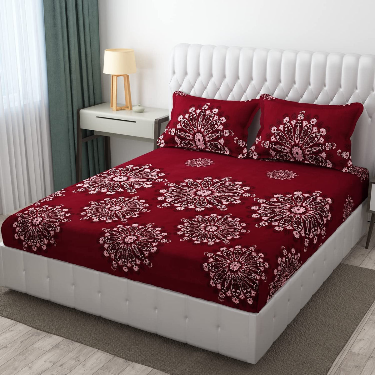 T Tungol Cotton Feel Glace Cotton Elastic Fitted Printed King Size Double Bed Bedsheet with 2 Pillow Cover (72 x78x6) (King, Ma