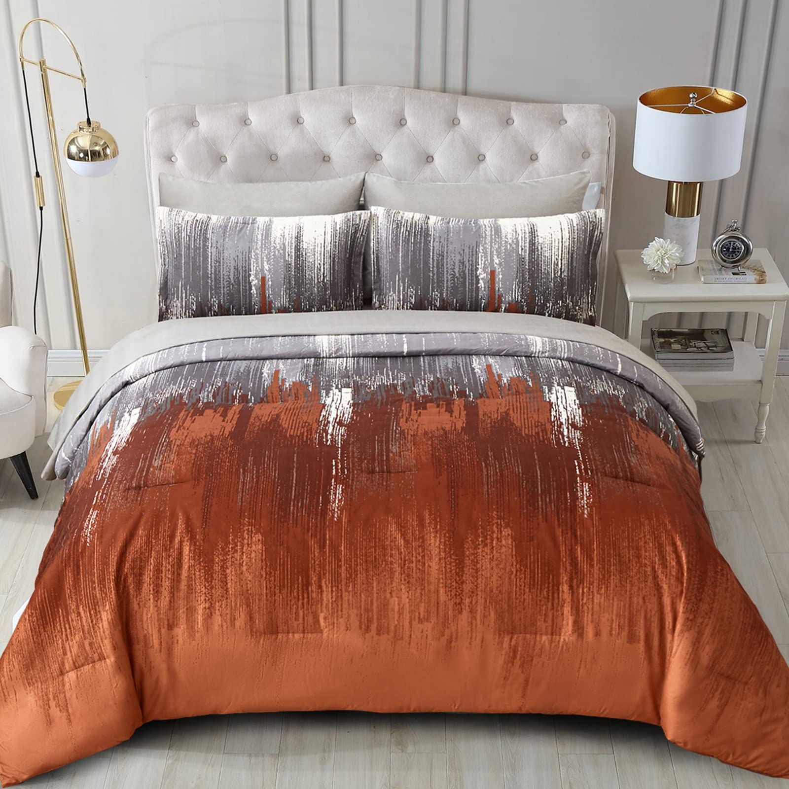 WONGS BEDDING Halloween Burnt Orange Comforter Set King, 7 Pieces Bed in a Bag Abstract Gradient Soft Microfiber Fall Terracotta