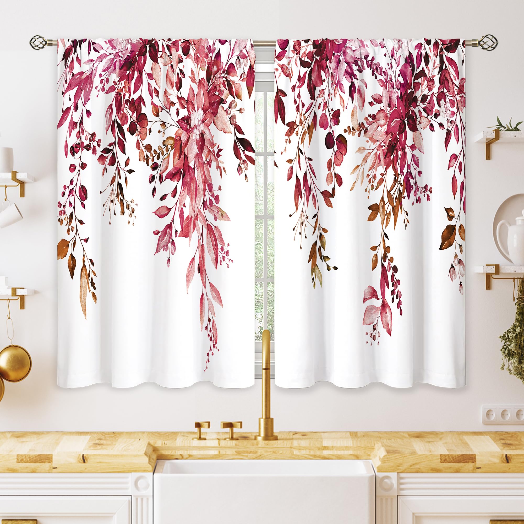 Oolygoo Burgundy Eucalyptus Small Kitchen Curtains Watercolor Red Leaves Window Treatment Flower Floral Plant Botanical Cafe Sho
