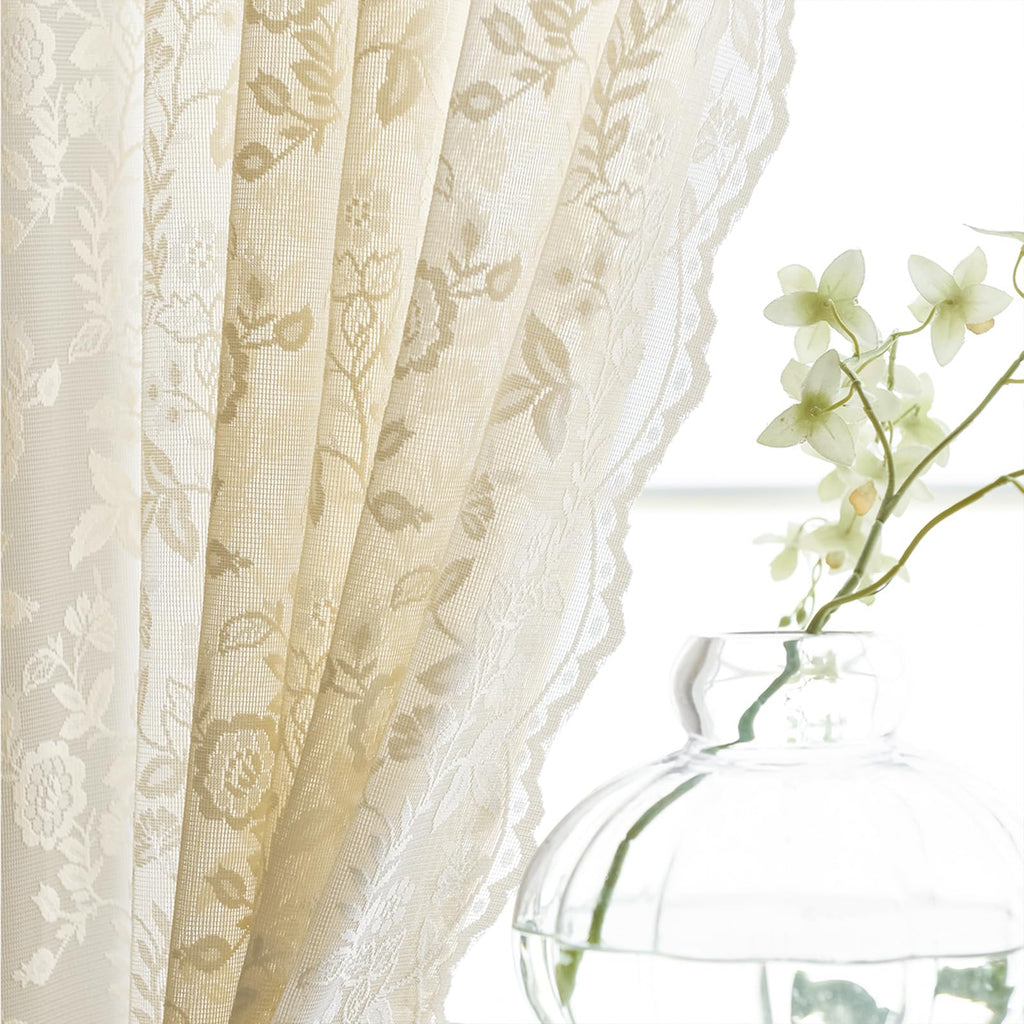 Beige Lace Curtains 63 Inch Length 2 Panels Set Rustic Leaf Floral Patterned Farmhouse Vintage Lace Sheer Curtains For Bedroom D
