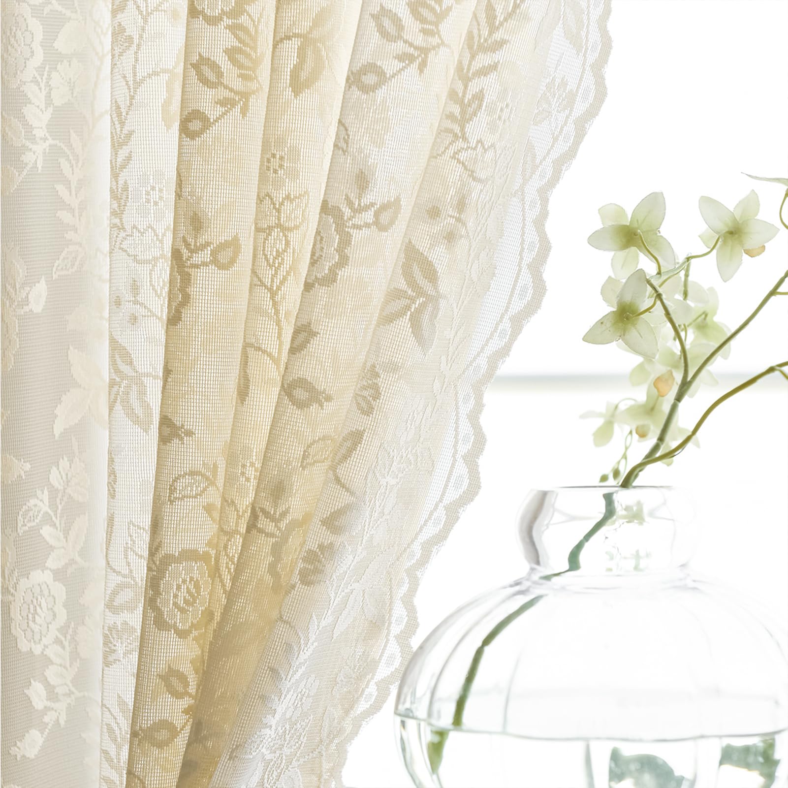 Beige Lace Curtains 63 Inch Length 2 Panels Set Rustic Leaf Floral Patterned Farmhouse Vintage Lace Sheer Curtains For Bedroom D