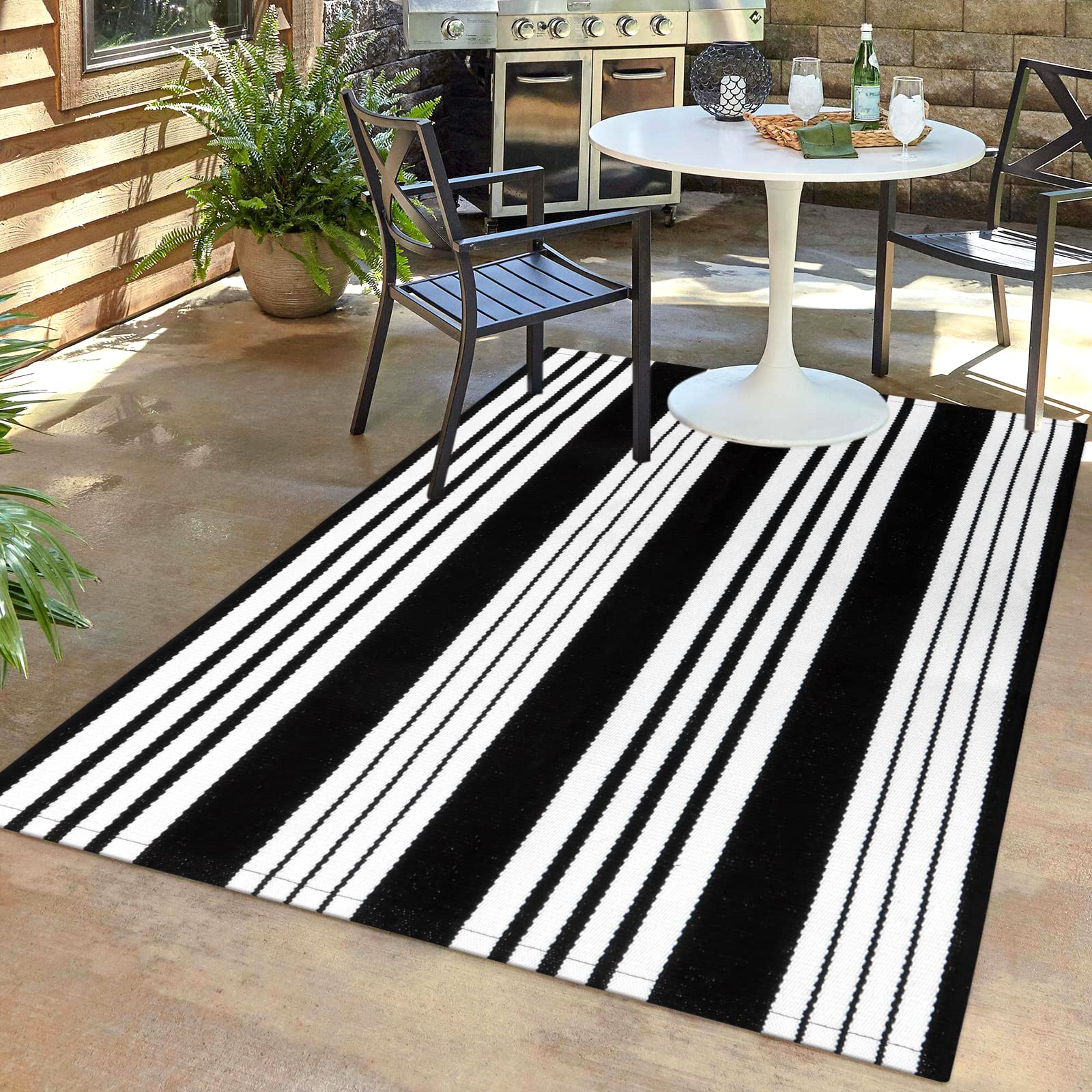 Black and White Striped Outdoor Rug,4x6Cotton Modern Farmhouse Rug Hand-Woven Reversible Door Mat Washable Doorway Carpet for Pa