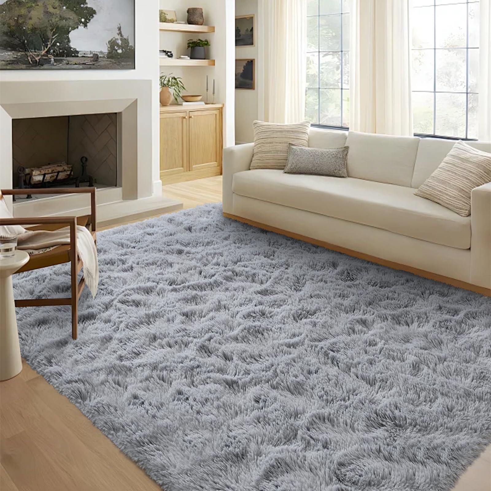 5x8 Ft Grey Rugs for Bedroom Living Room, Soft Modern Indoor Fuzzy Shaggy Area Rug, Non-Slip Fluffy Furry Rug for Teen Girls and