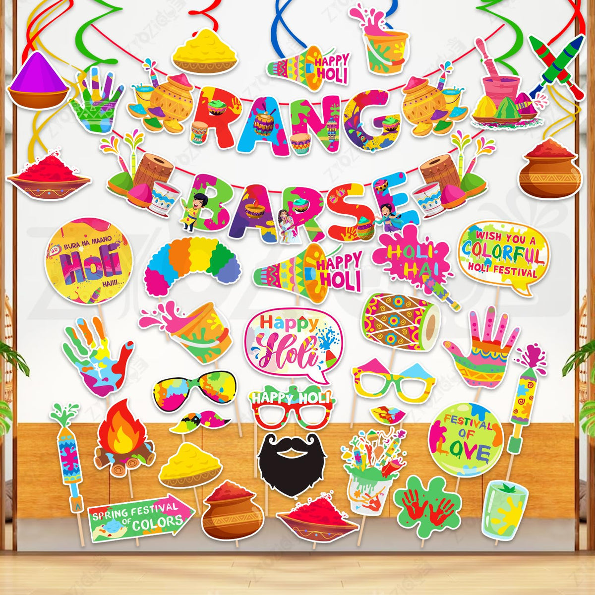 Zyozique Holi Party Decorations Combo, Colorful Festival Paper Banner, Photo Booth Props & Swirls Hangings Set, Rang Barse Theme