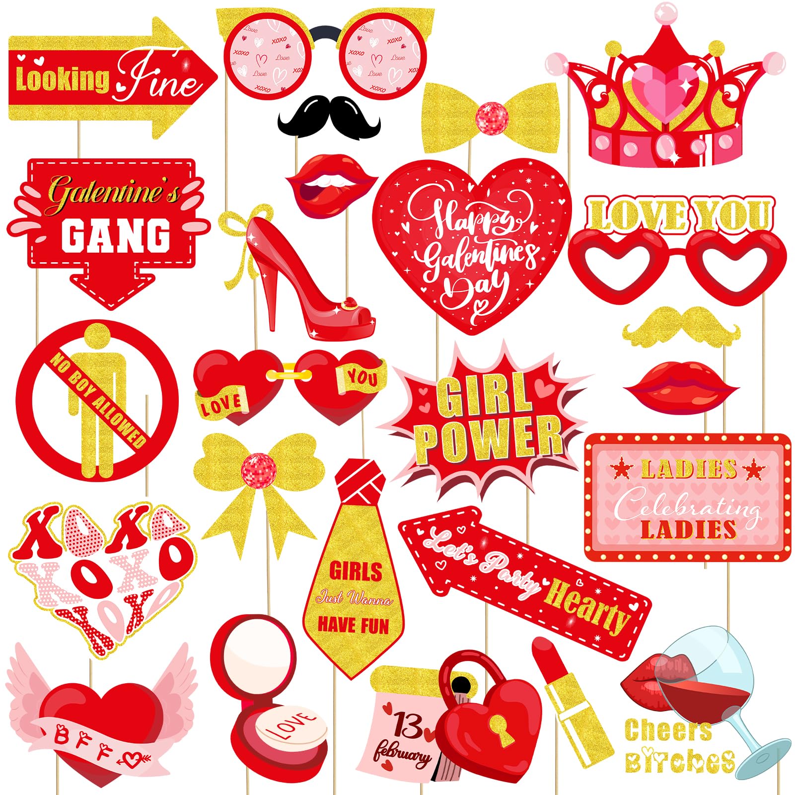 JXYCBZYing Red and Gold Galentine's Day Photo Booth Props - Pack of 24 | Galentines Day Props for Photography, Lovers Selfie Pho