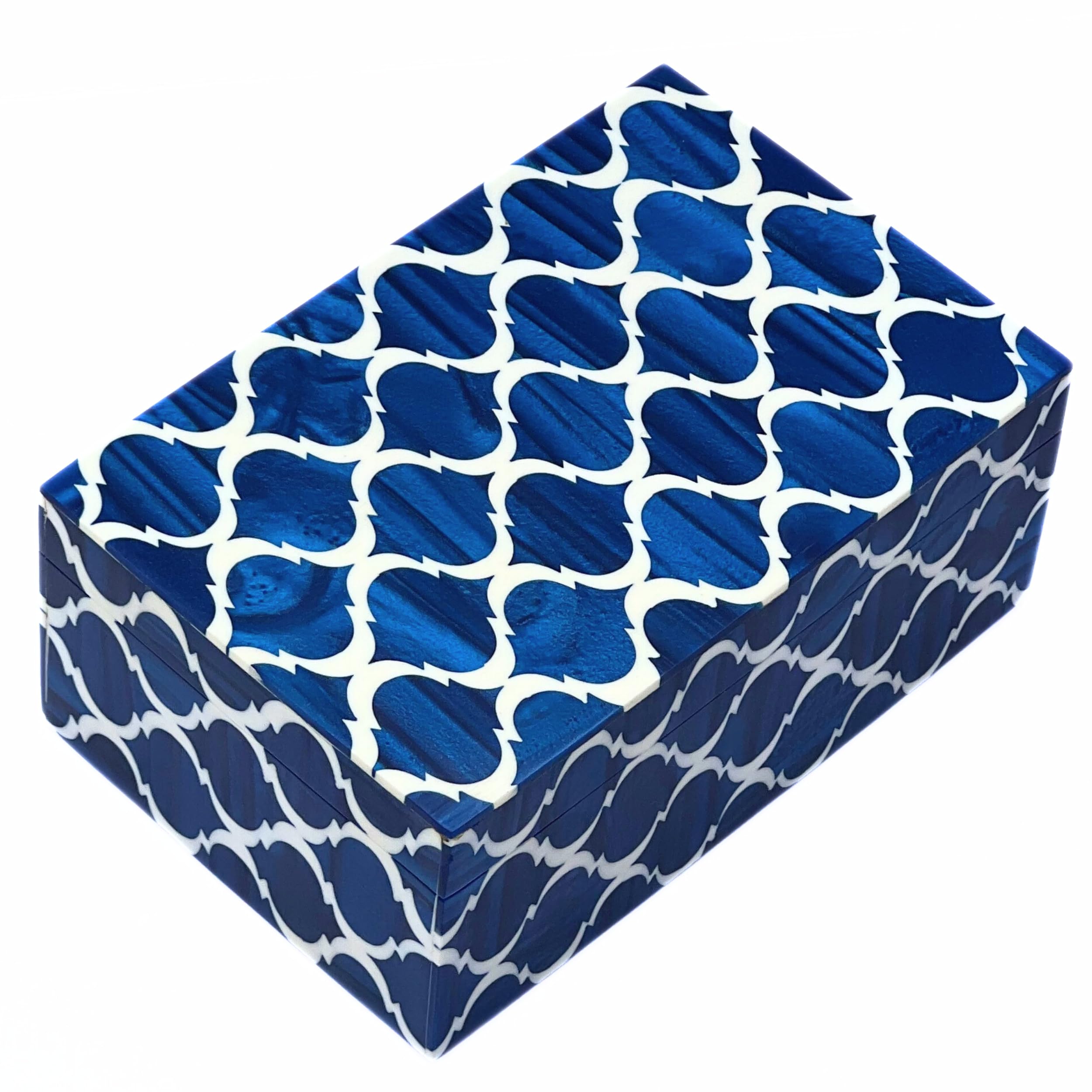 Collectiblesbuy Handmade Jewelry Storage Box Moroccan Pattern Designer Resin Box Royal Home Decorative Rectangle Modern Art Blue