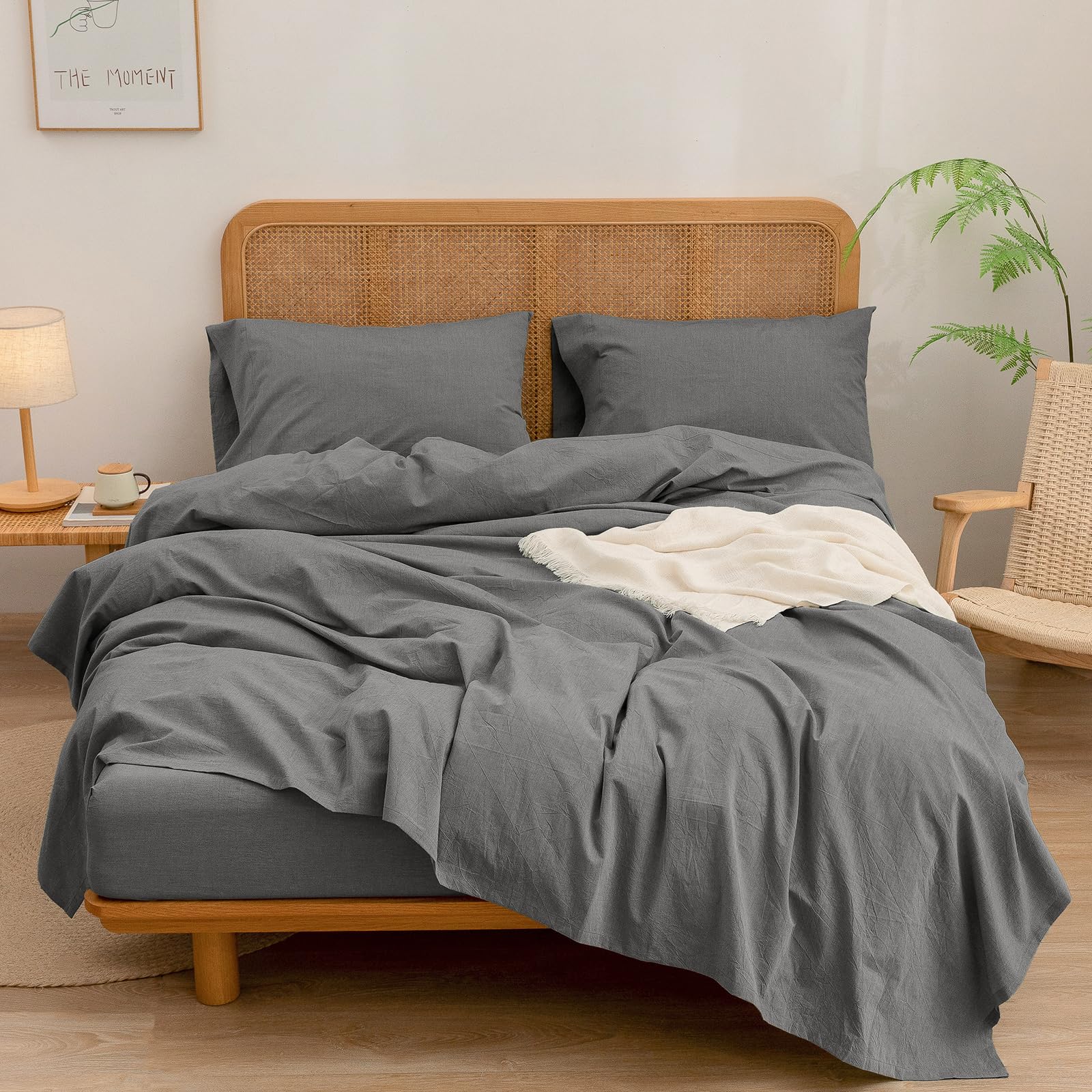 Bestouch Sheet Set 100% Washed Cotton Linen Feel Super Soft Comfortable Chic Lightweight 4 Pcs Home Bedding Set Solid Dark Grey
