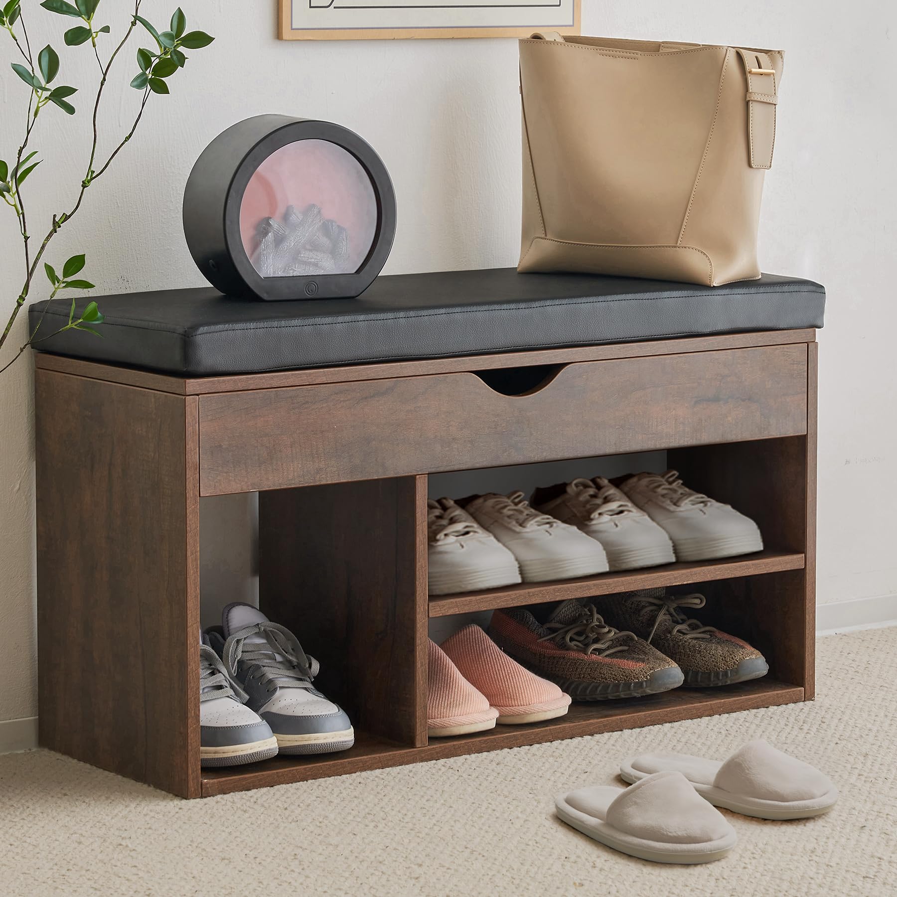 Apicizon Storage Bench, Shoe Bench with Flip Top Storage Space and Padded Cushion, Wooden Bench with Storage for Entryway, Livin