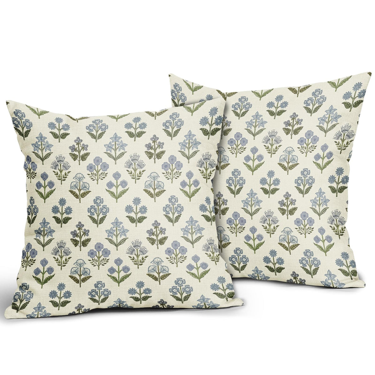 Sivirary Blue Green Block Print Pillow Covers Set of 2, 20x20 Inch Vintage Floral Decorative Throw Cushions for Sofa and Bed