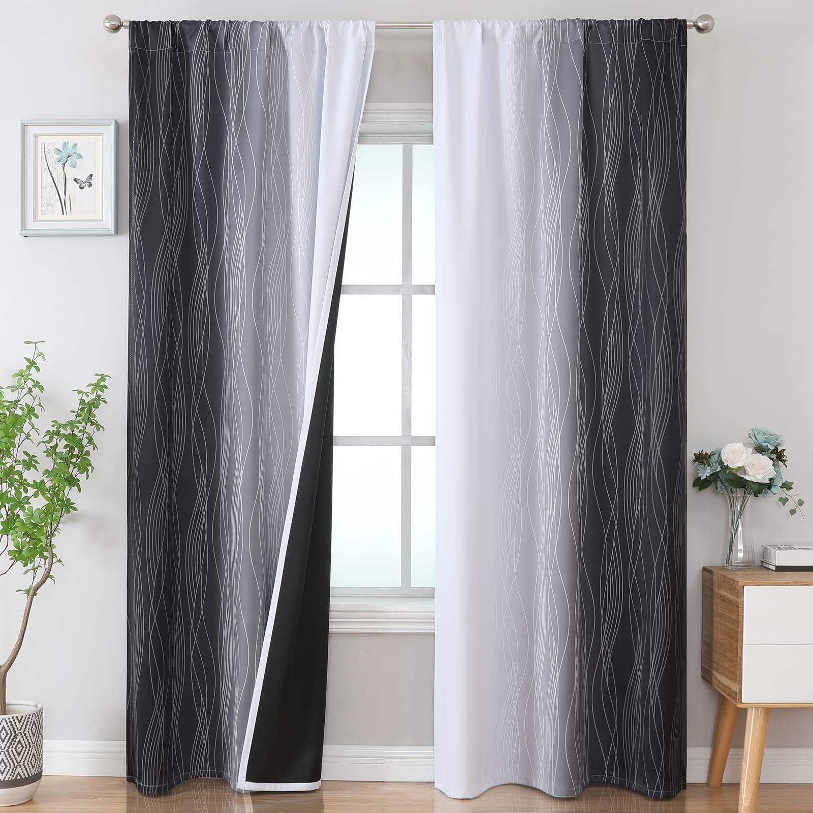 Estelar Textiler Black And White Blackout Curtains 84 Inches Long,Light Blocking Two Tone Gradient Drapes With Wave Line Pattern