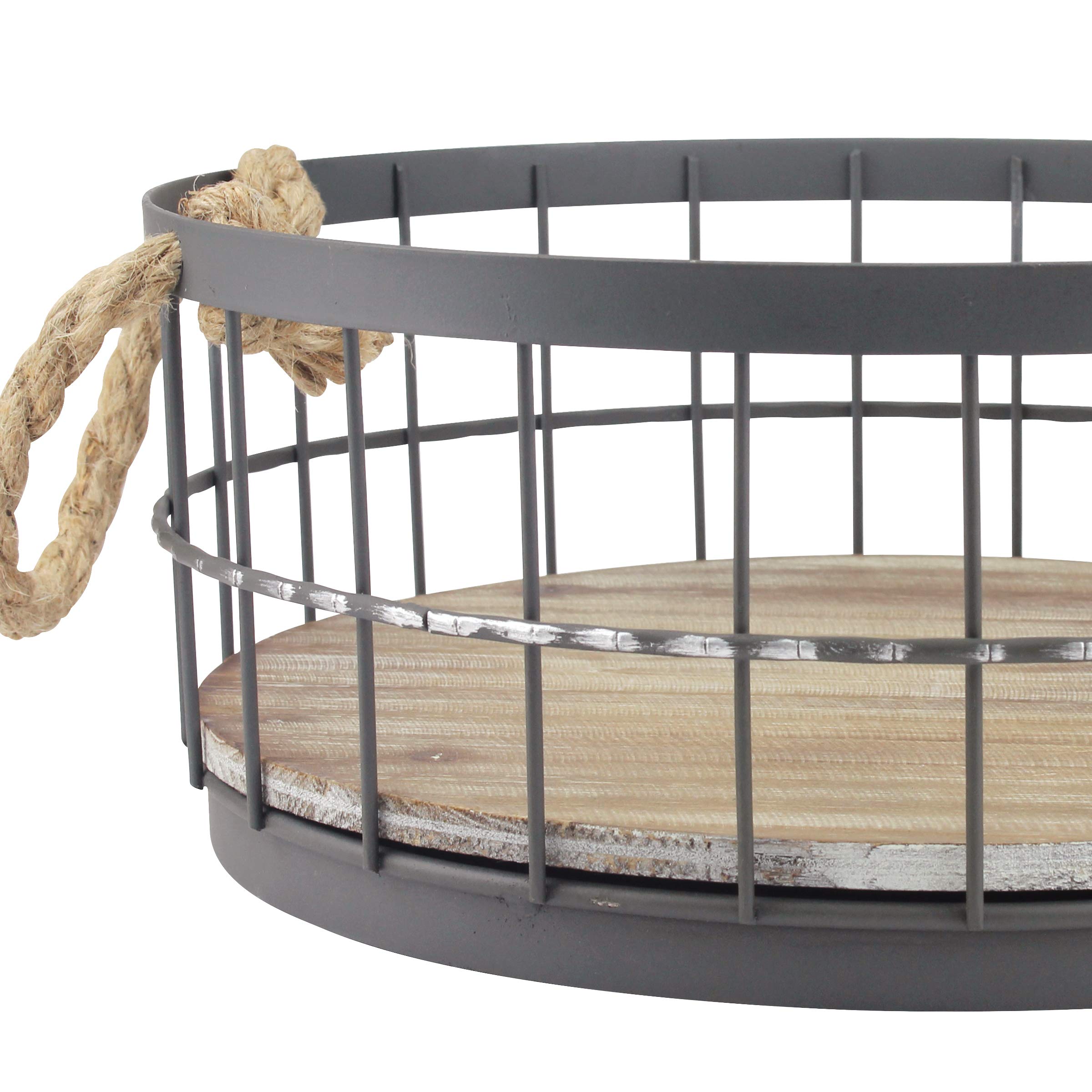 Stonebriar 2Pc Round Stackable Metal Wire And Wood Basket Set With Rope Handles, Rustic Decor For Home Storage, Decorative Servi
