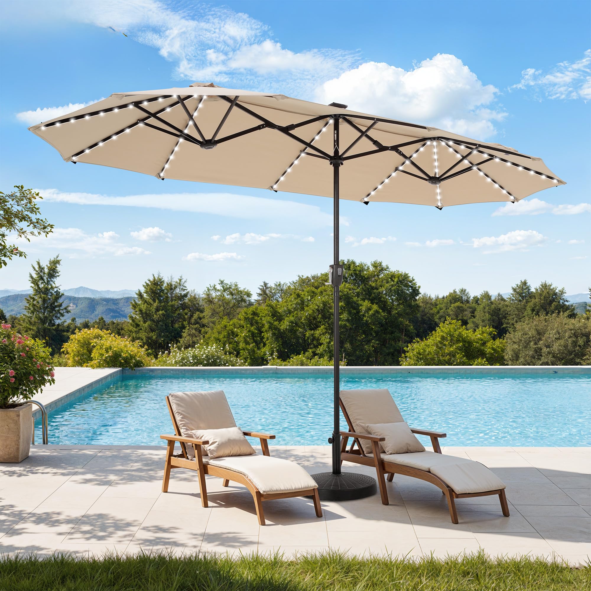 HERAS PALACE 13 ft Patio Umbrella with 120 LED Solar Lights Double Sided Outdoor Umbrella for Patio 8 Colors Changing Table Umb