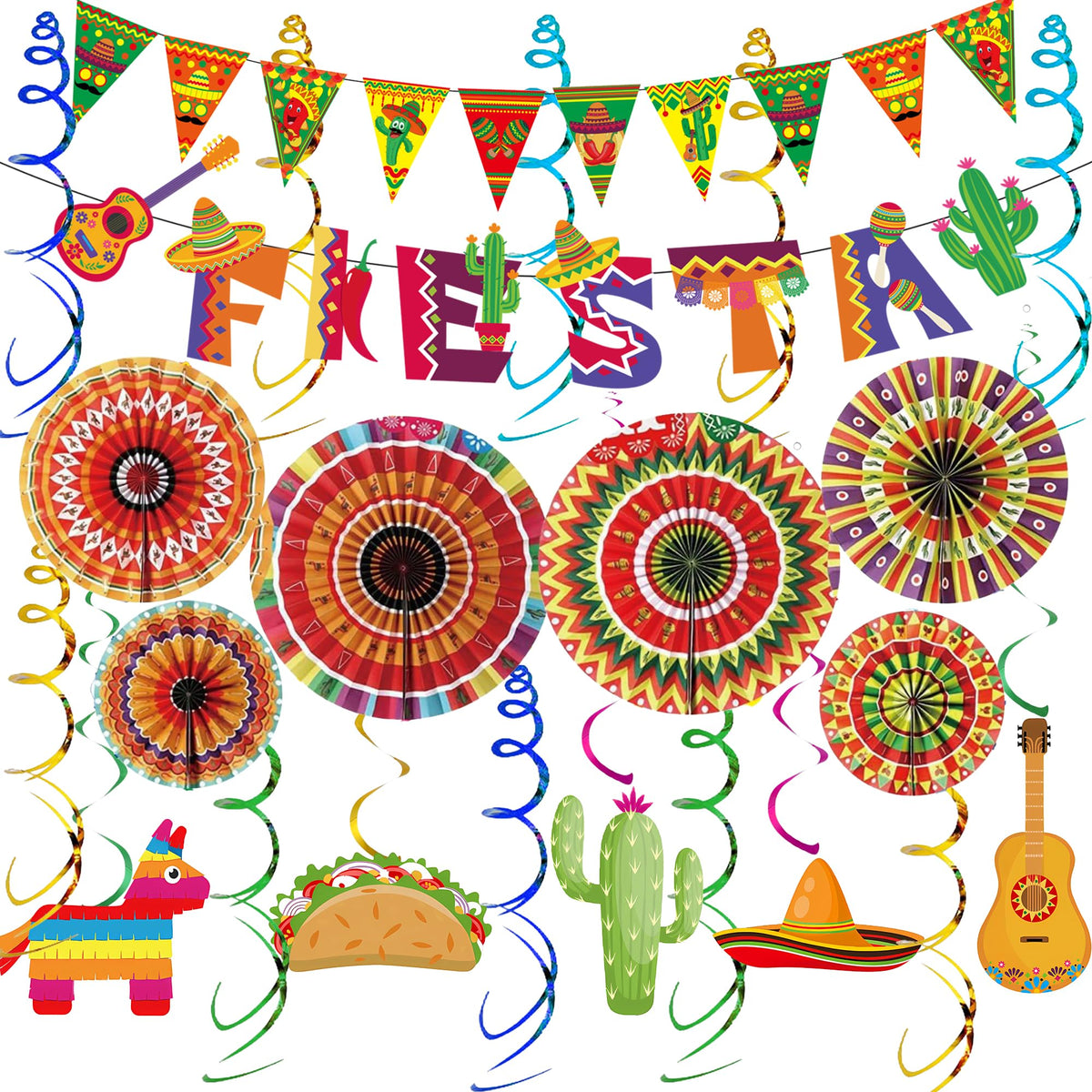 Mexican Party Decorations Fiesta Banner  33 Pcs FIESTA Banner Triangle Flag Spiral Paper Fans Hanging Swirls Spirals Pony Burri