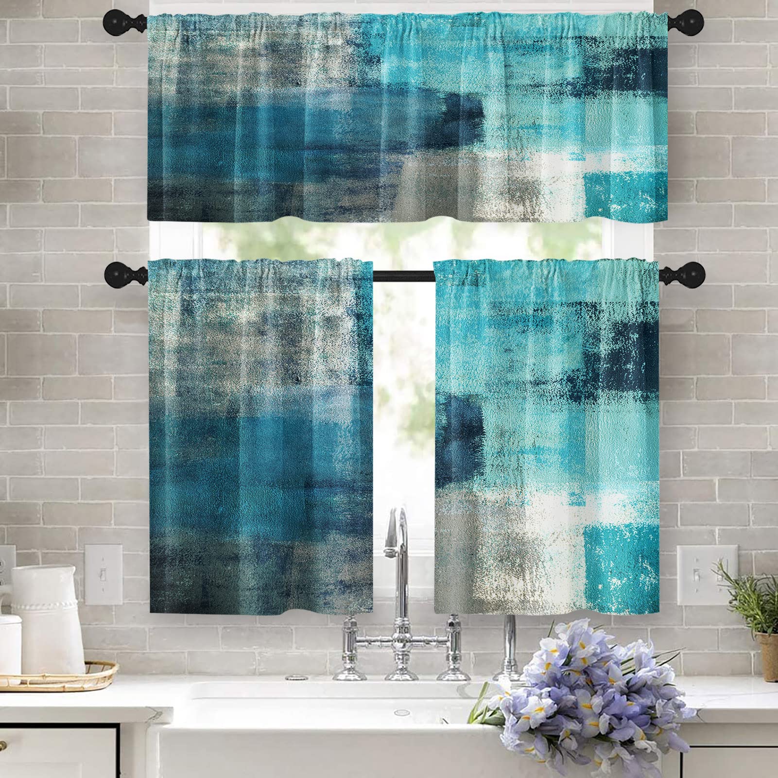 Tayney Turquoise Kitchen Curtains Teal Grey Window Curtains Valance And Tier Set, Modern Rod Pocket Short Tier Curtain, Abstract