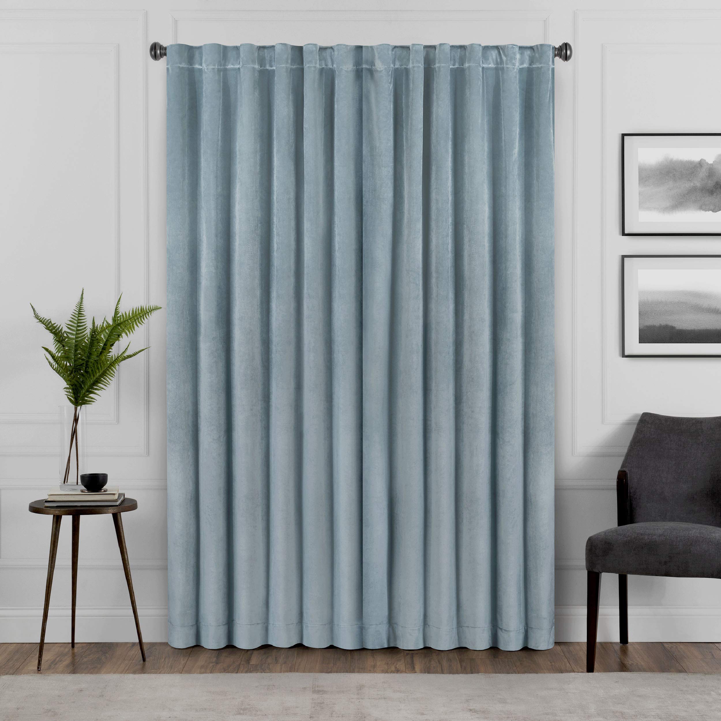Eclipse Harper Velvet Rod Pocket Curtains For Bedroom, Single Panel, 50 In X 63 In, Blue