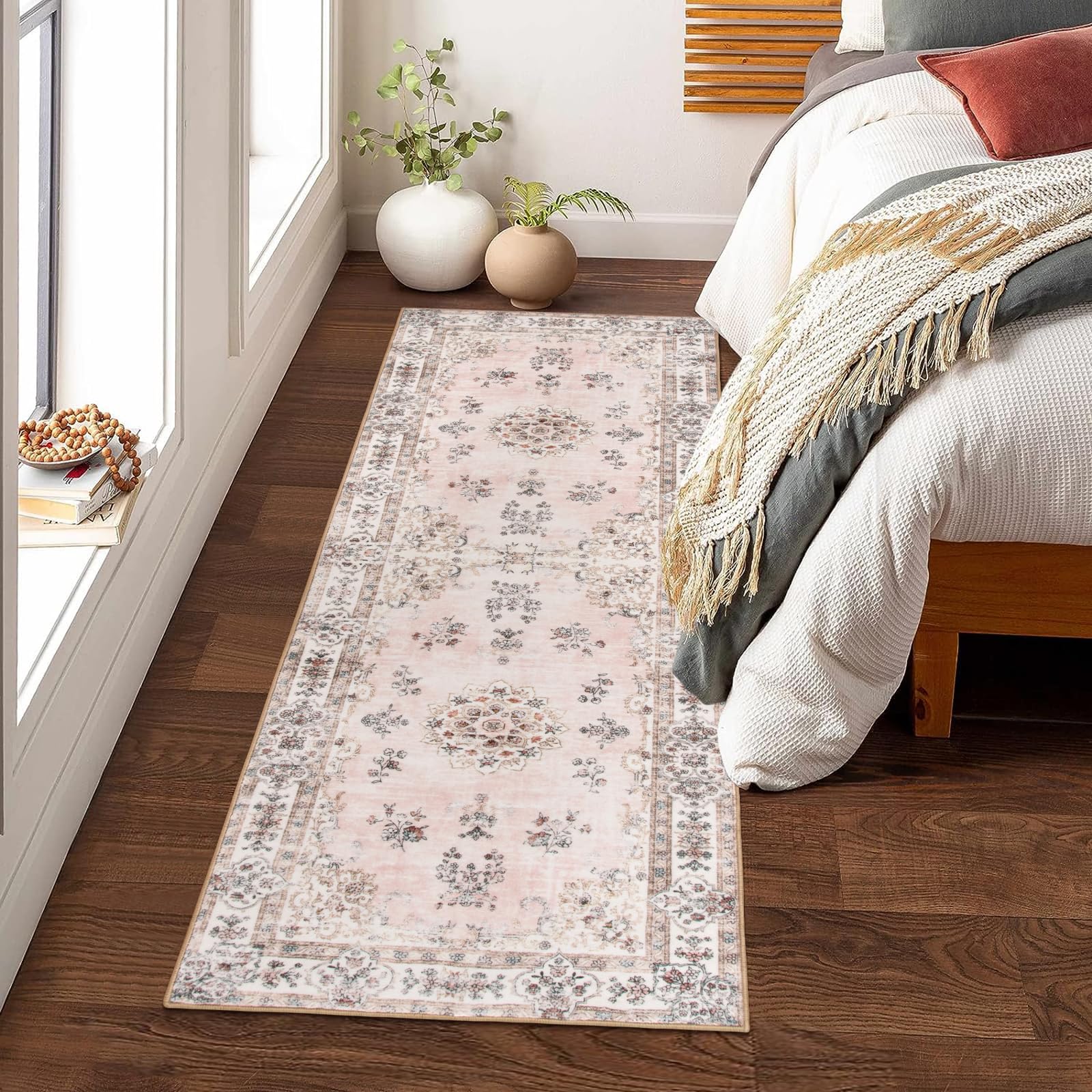 Lahome Machine Washable 2x6 Runner Rug with Rubber Backing,Soft Floral Pink Runners for Nursery, Girl and Kids,Boho Ultra-Thin N